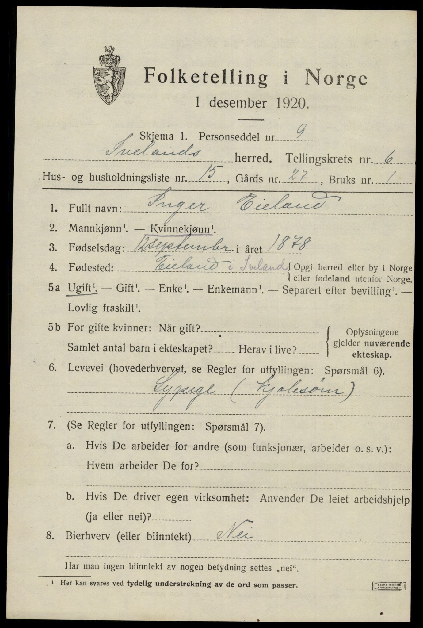 SAK, 1920 census for Iveland, 1920, p. 2121