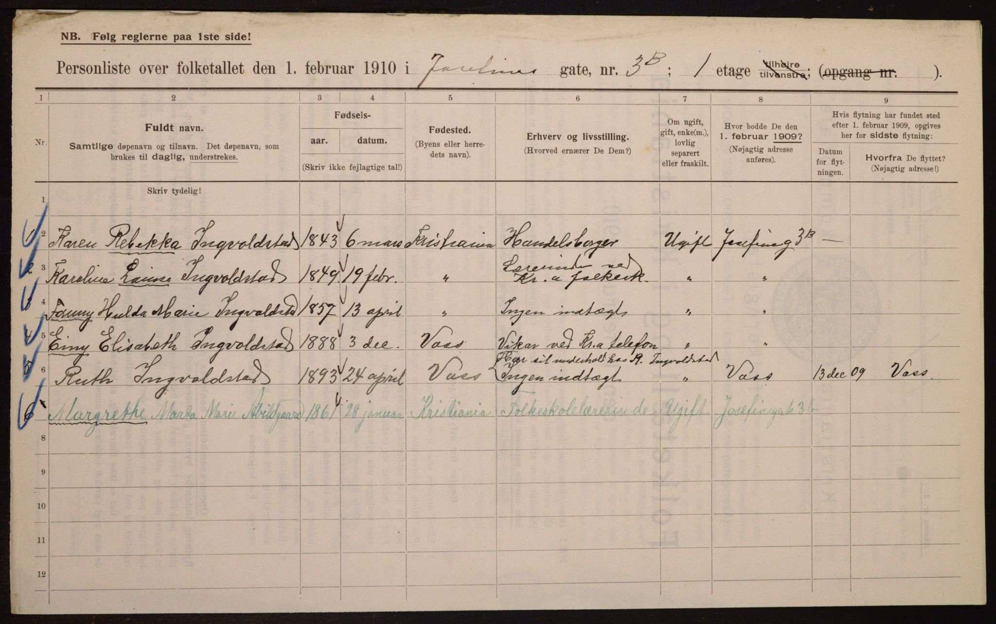 OBA, Municipal Census 1910 for Kristiania, 1910, p. 45996