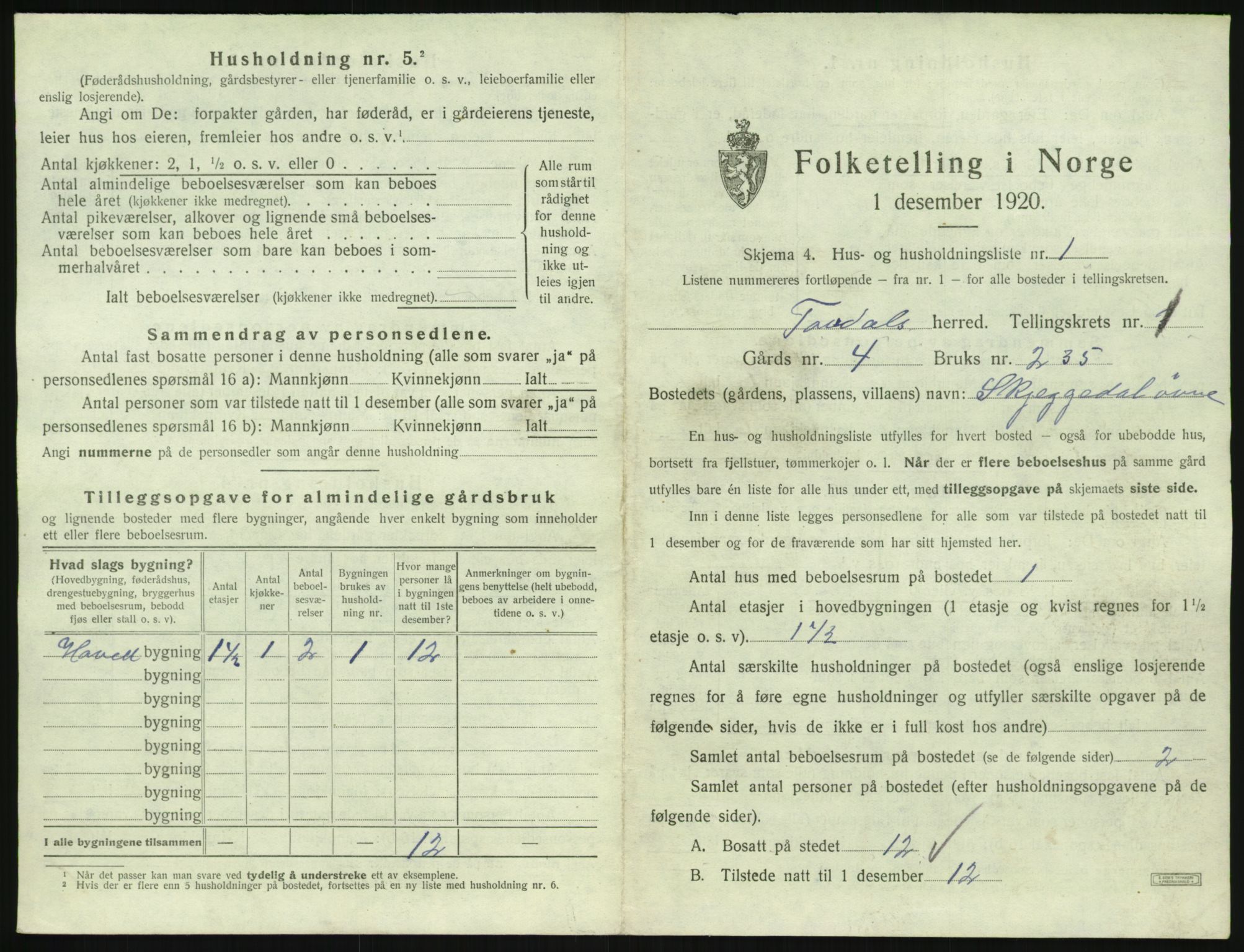 SAK, 1920 census for Tovdal, 1920, p. 19