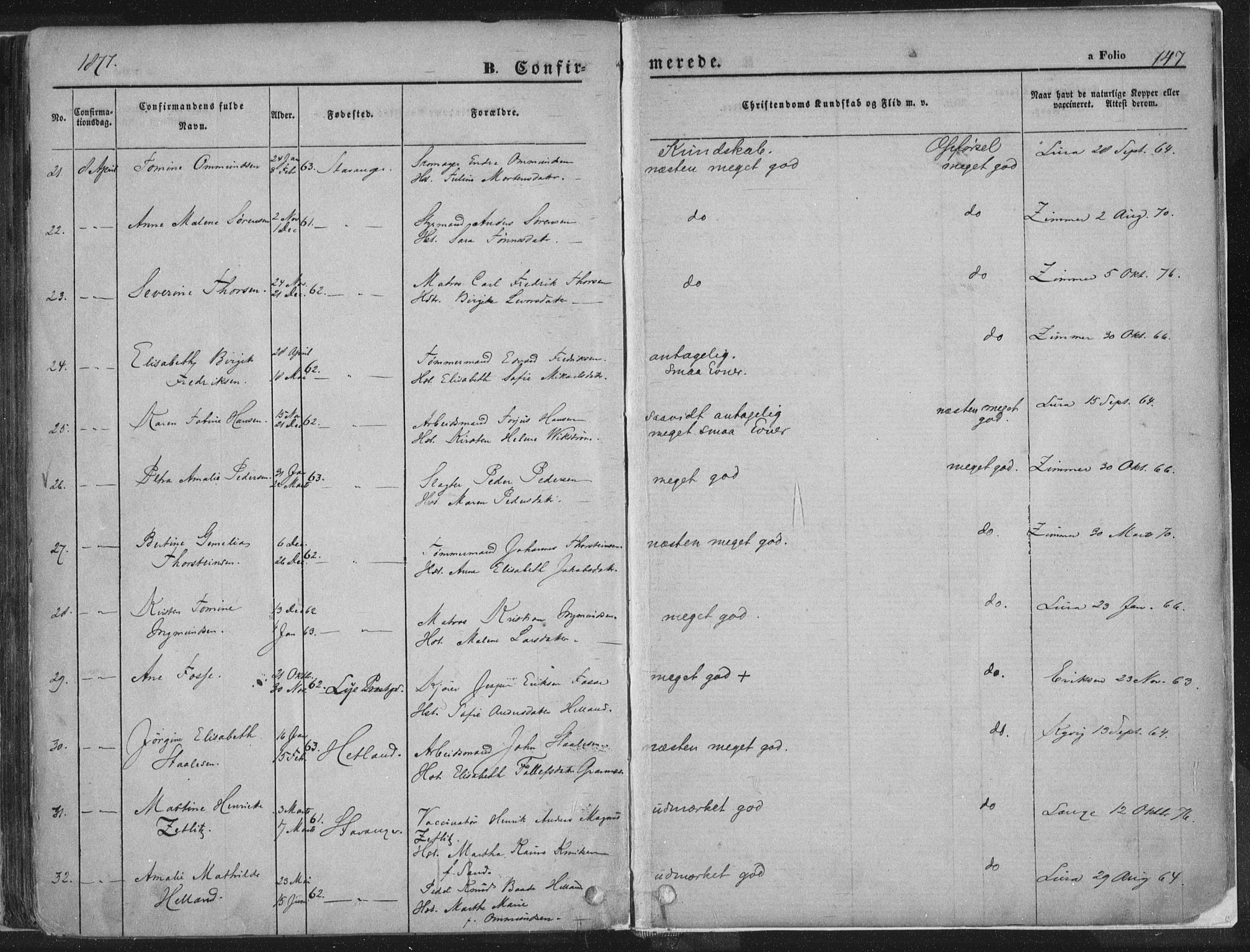 Domkirken sokneprestkontor, SAST/A-101812/001/30/30BA/L0018: Parish register (official) no. A 17, 1857-1877, p. 147