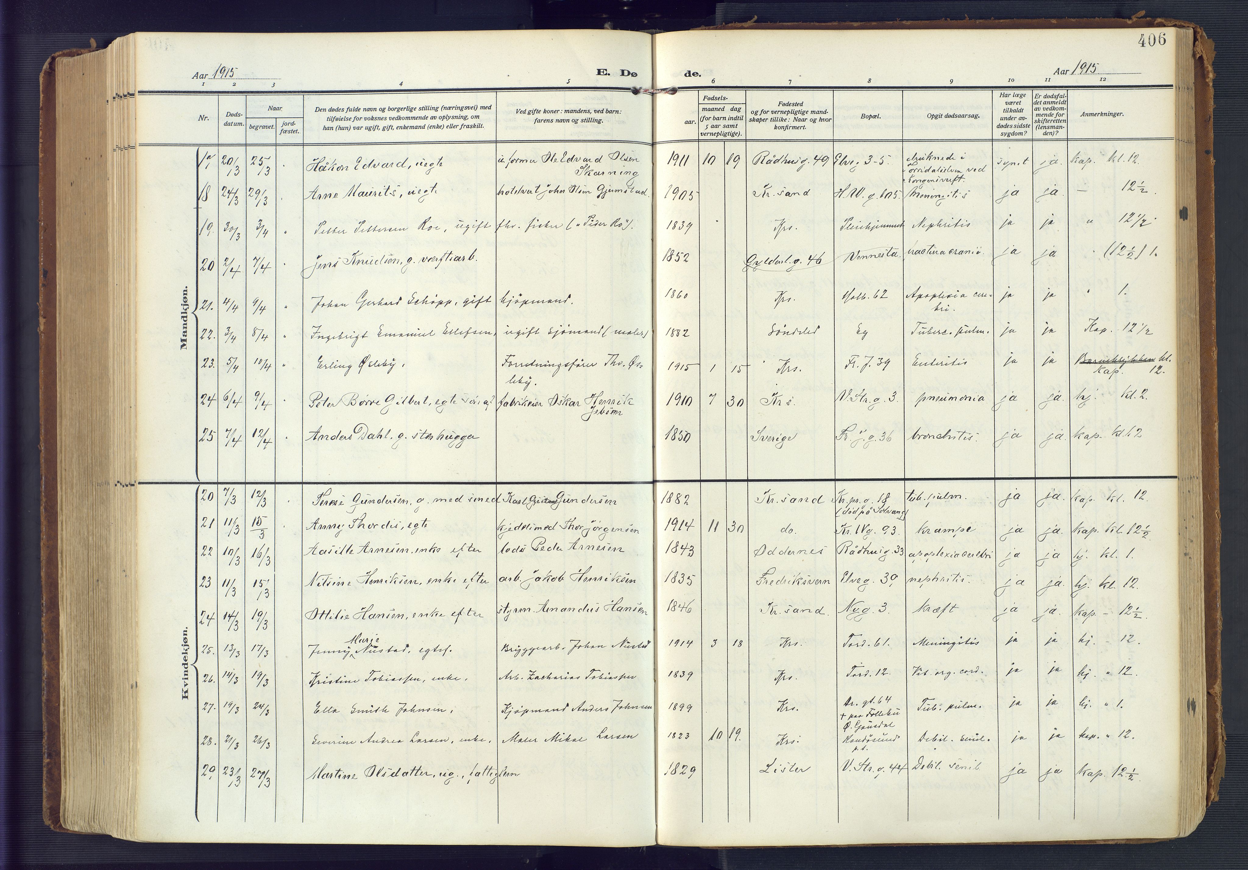 Kristiansand domprosti, AV/SAK-1112-0006/F/Fa/L0023: Parish register (official) no. A 22, 1909-1917, p. 406