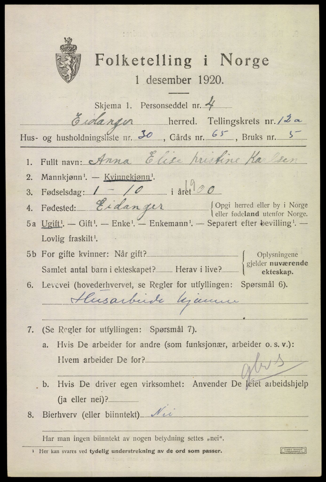 SAKO, 1920 census for Eidanger, 1920, p. 7514