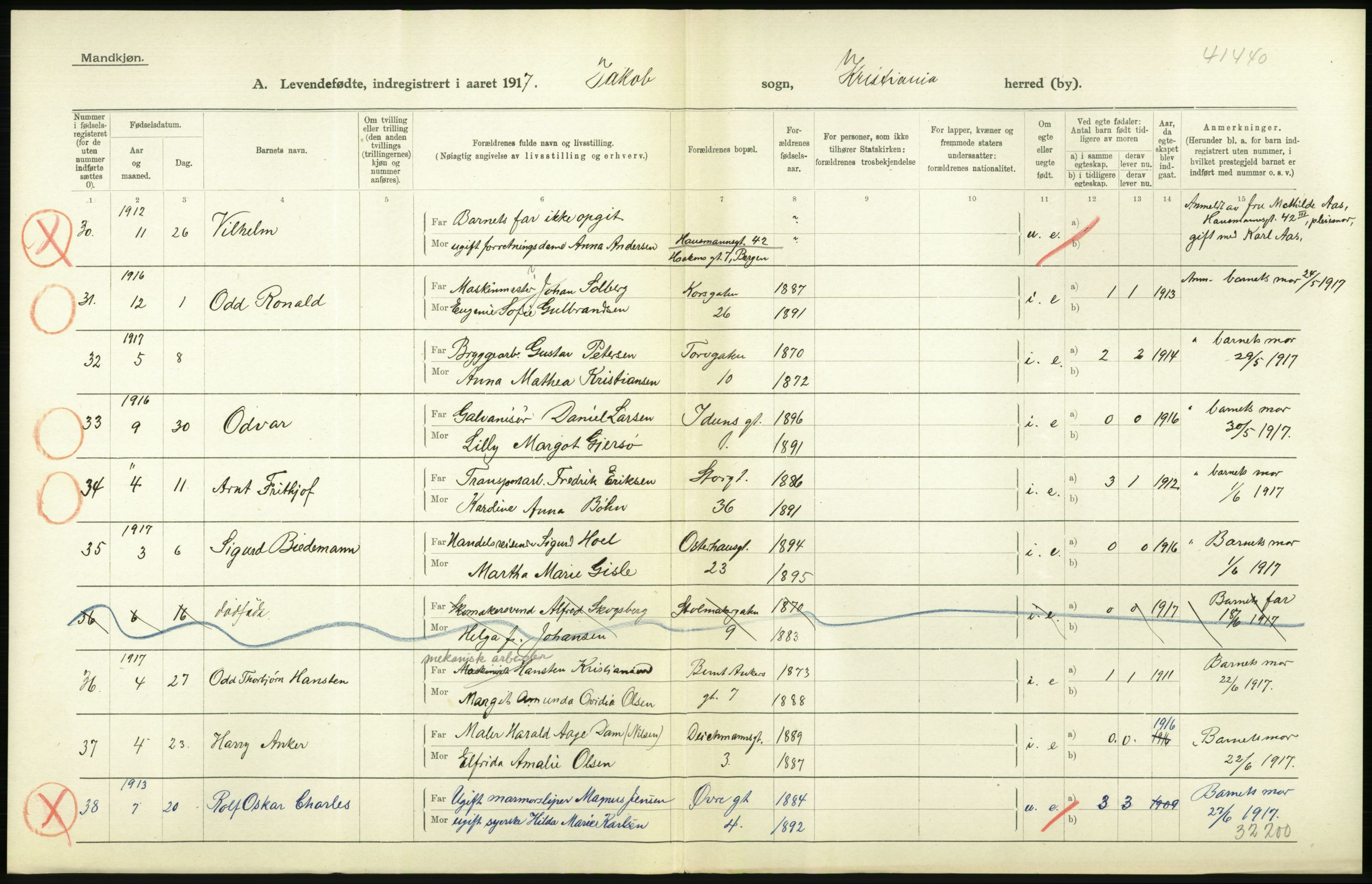 Statistisk sentralbyrå, Sosiodemografiske emner, Befolkning, AV/RA-S-2228/D/Df/Dfb/Dfbg/L0006: Kristiania: Levendefødte menn og kvinner., 1917, p. 590