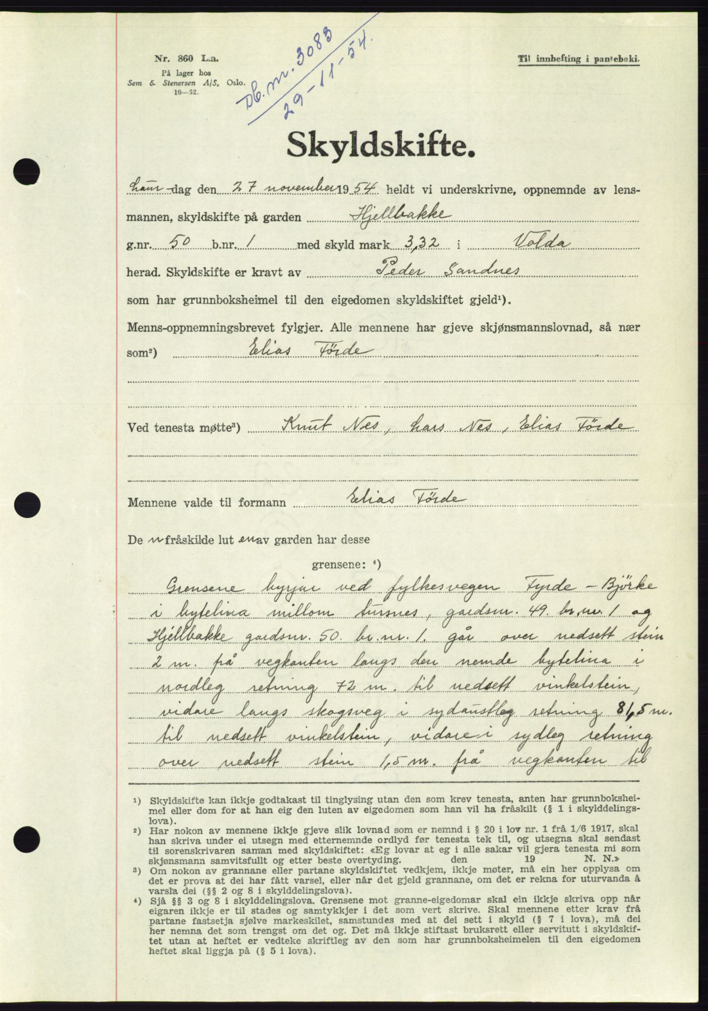 Søre Sunnmøre sorenskriveri, AV/SAT-A-4122/1/2/2C/L0099: Mortgage book no. 25A, 1954-1954, Diary no: : 3083/1954