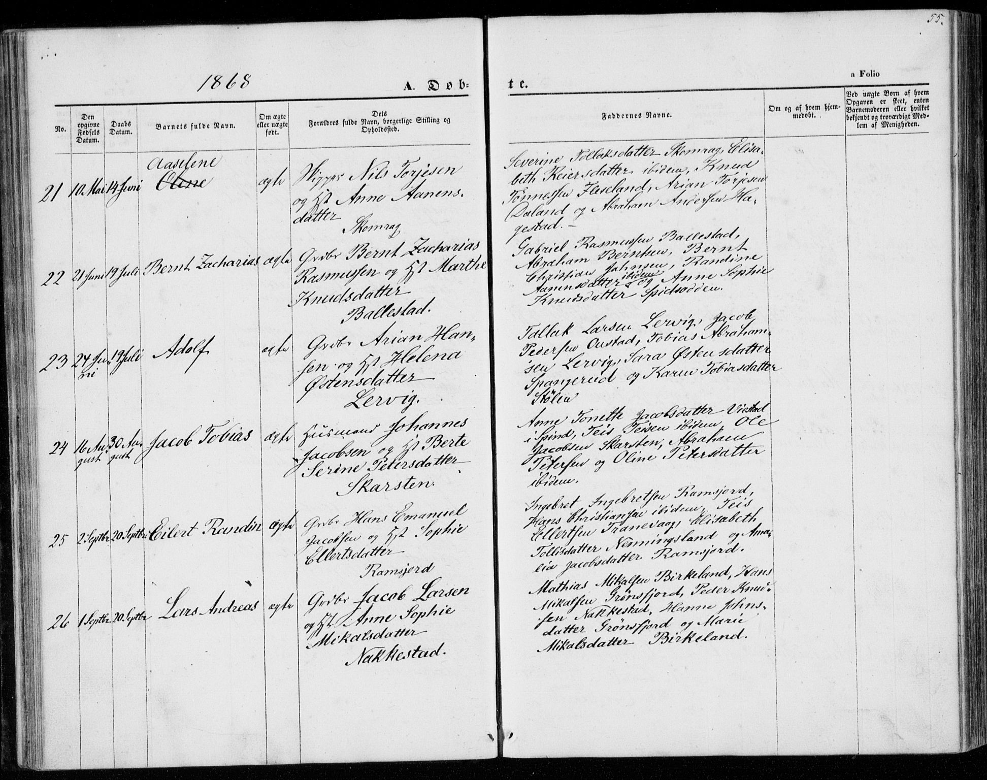 Lyngdal sokneprestkontor, AV/SAK-1111-0029/F/Fa/Faa/L0002: Parish register (official) no. A 2, 1858-1870, p. 55