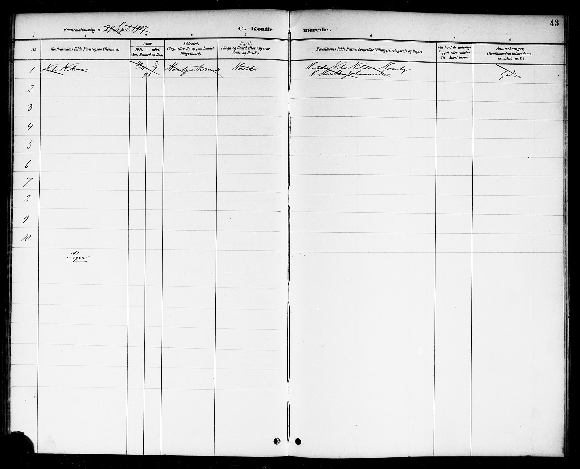 Berg prestekontor Kirkebøker, AV/SAO-A-10902/F/Fc/L0002: Parish register (official) no. III 2, 1888-1901, p. 43