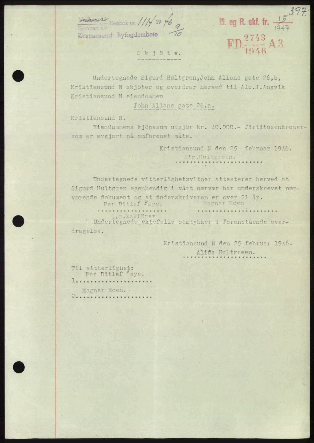 Kristiansund byfogd, AV/SAT-A-4587/A/27: Mortgage book no. 39b, 1946-1947, Diary no: : 1114/1946