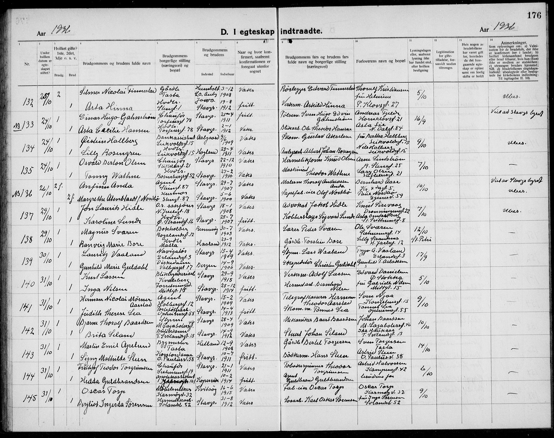 Domkirken sokneprestkontor, AV/SAST-A-101812/001/30/30BB/L0020: Parish register (copy) no. B 20, 1921-1937, p. 176