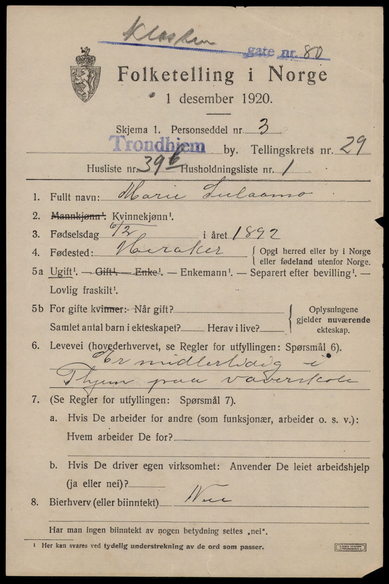 SAT, 1920 census for Trondheim, 1920, p. 73488