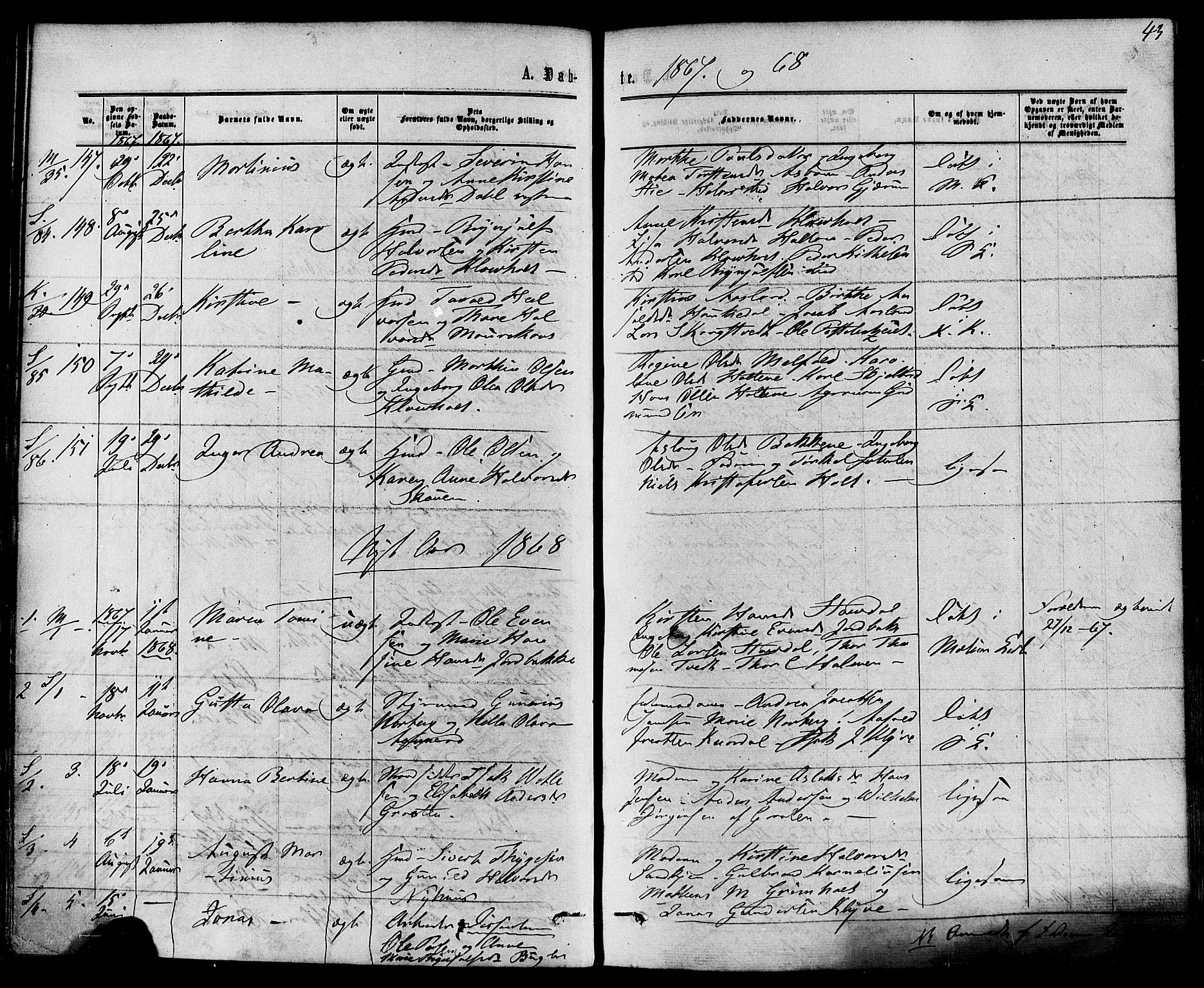 Solum kirkebøker, SAKO/A-306/F/Fa/L0008: Parish register (official) no. I 8, 1865-1876, p. 43