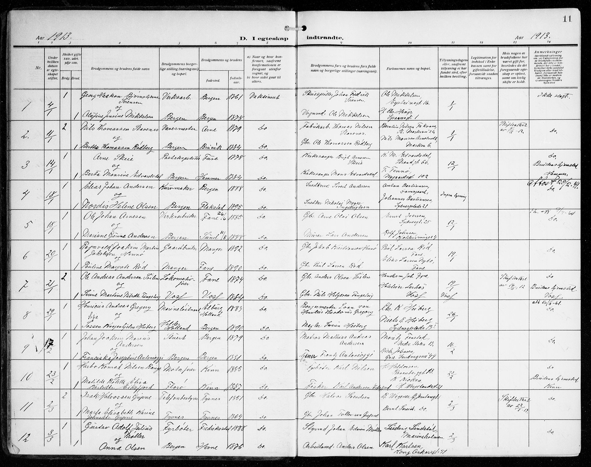 Johanneskirken sokneprestembete, AV/SAB-A-76001/H/Haa/L0013: Parish register (official) no. D 2, 1912-1929, p. 11