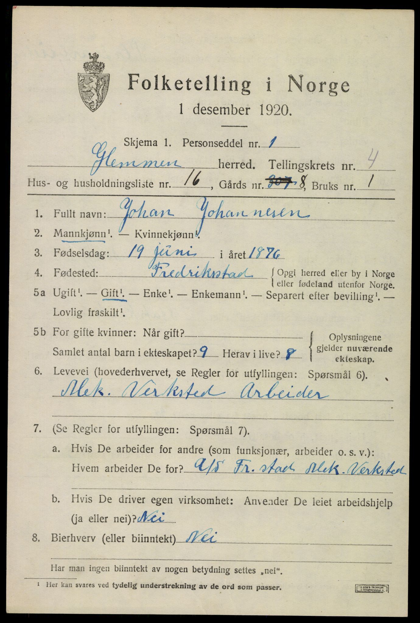 SAO, 1920 census for Glemmen, 1920, p. 15353