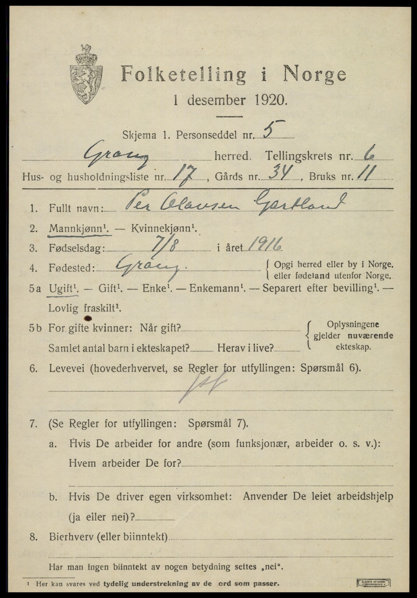 SAT, 1920 census for Grong, 1920, p. 3735