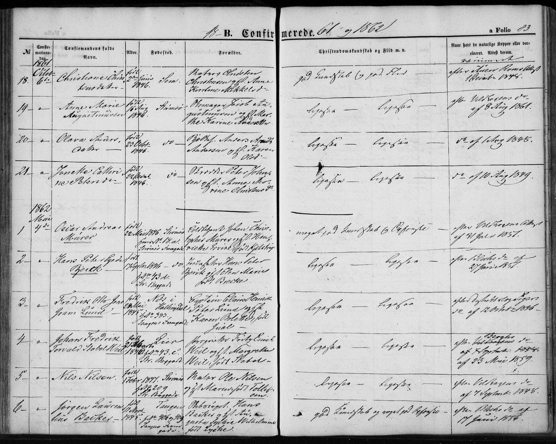 Strømsø kirkebøker, SAKO/A-246/F/Fa/L0017: Parish register (official) no. I 17, 1848-1865, p. 83