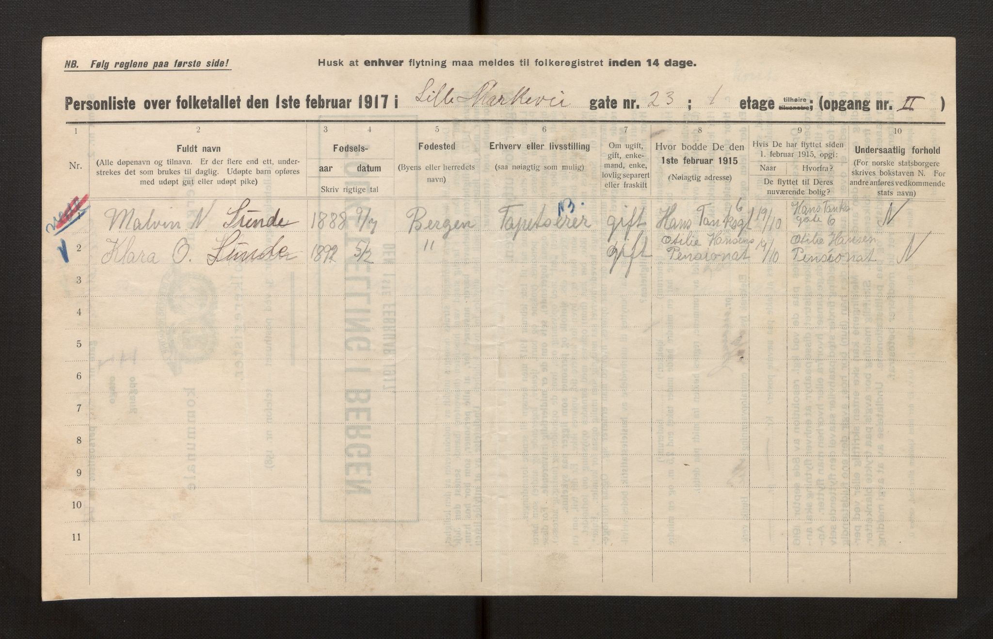 SAB, Municipal Census 1917 for Bergen, 1917, p. 23154