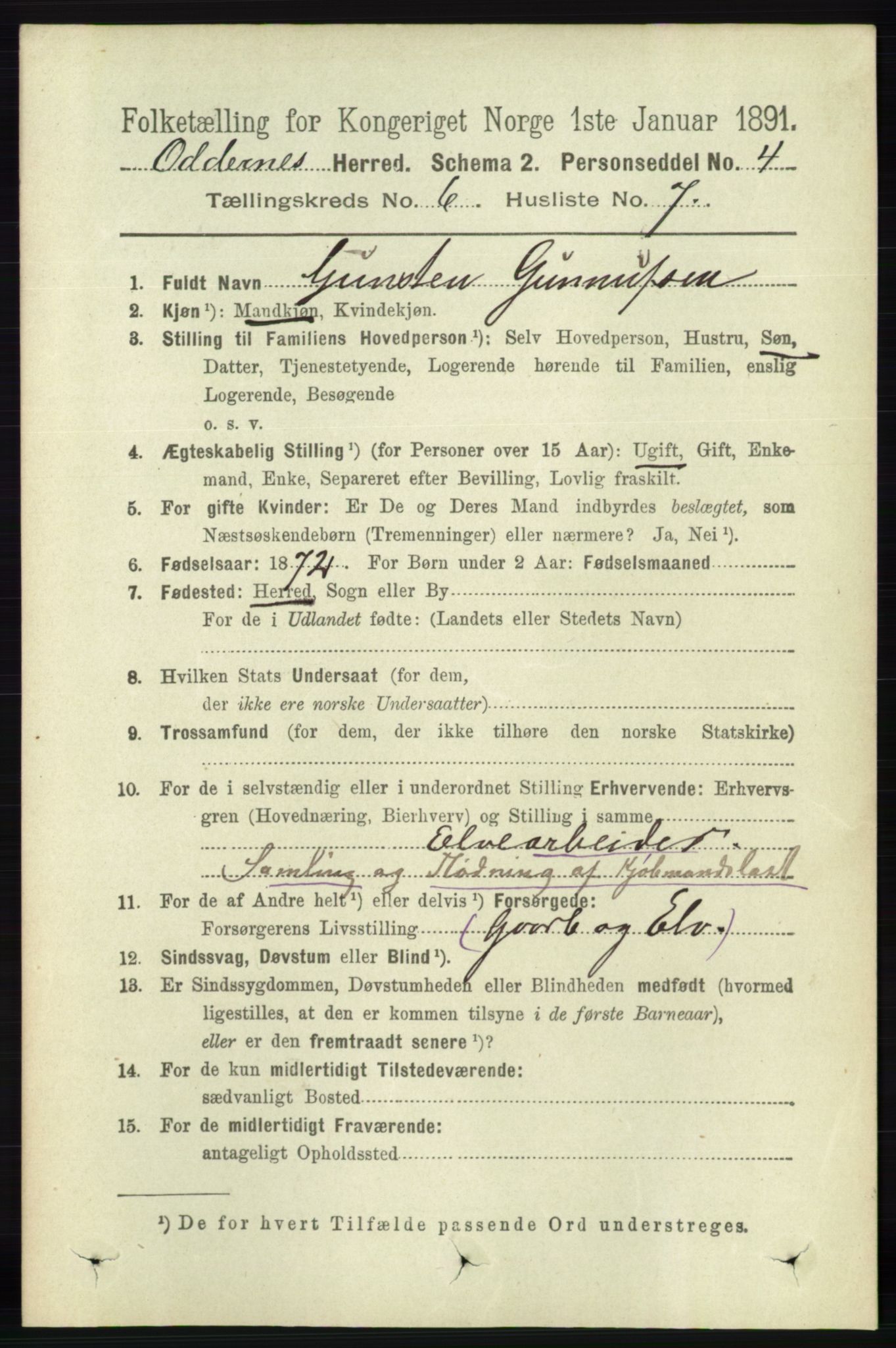 RA, 1891 census for 1012 Oddernes, 1891, p. 2229
