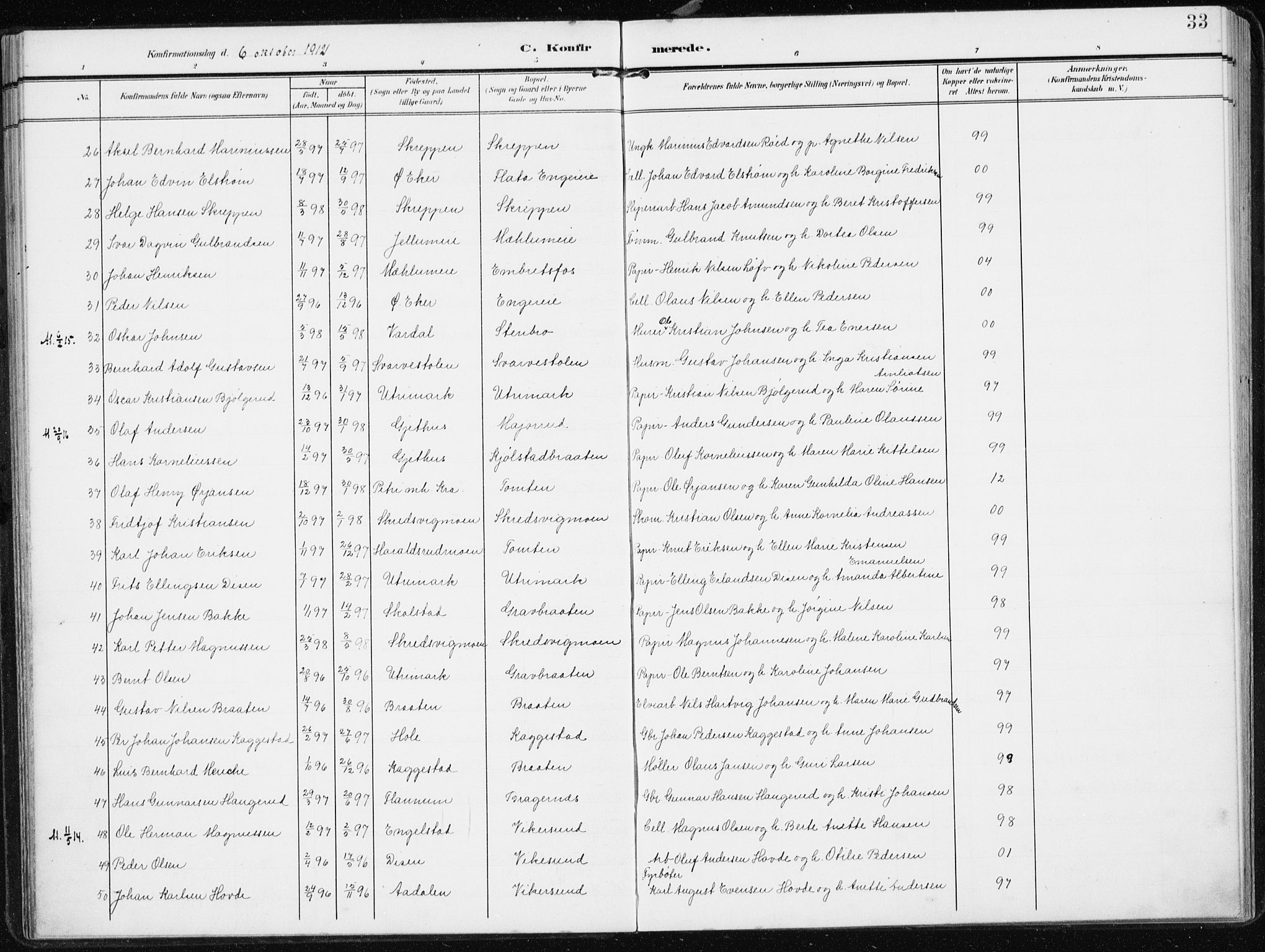 Modum kirkebøker, AV/SAKO-A-234/F/Fa/L0014b: Parish register (official) no. 14b, 1906-1917, p. 33