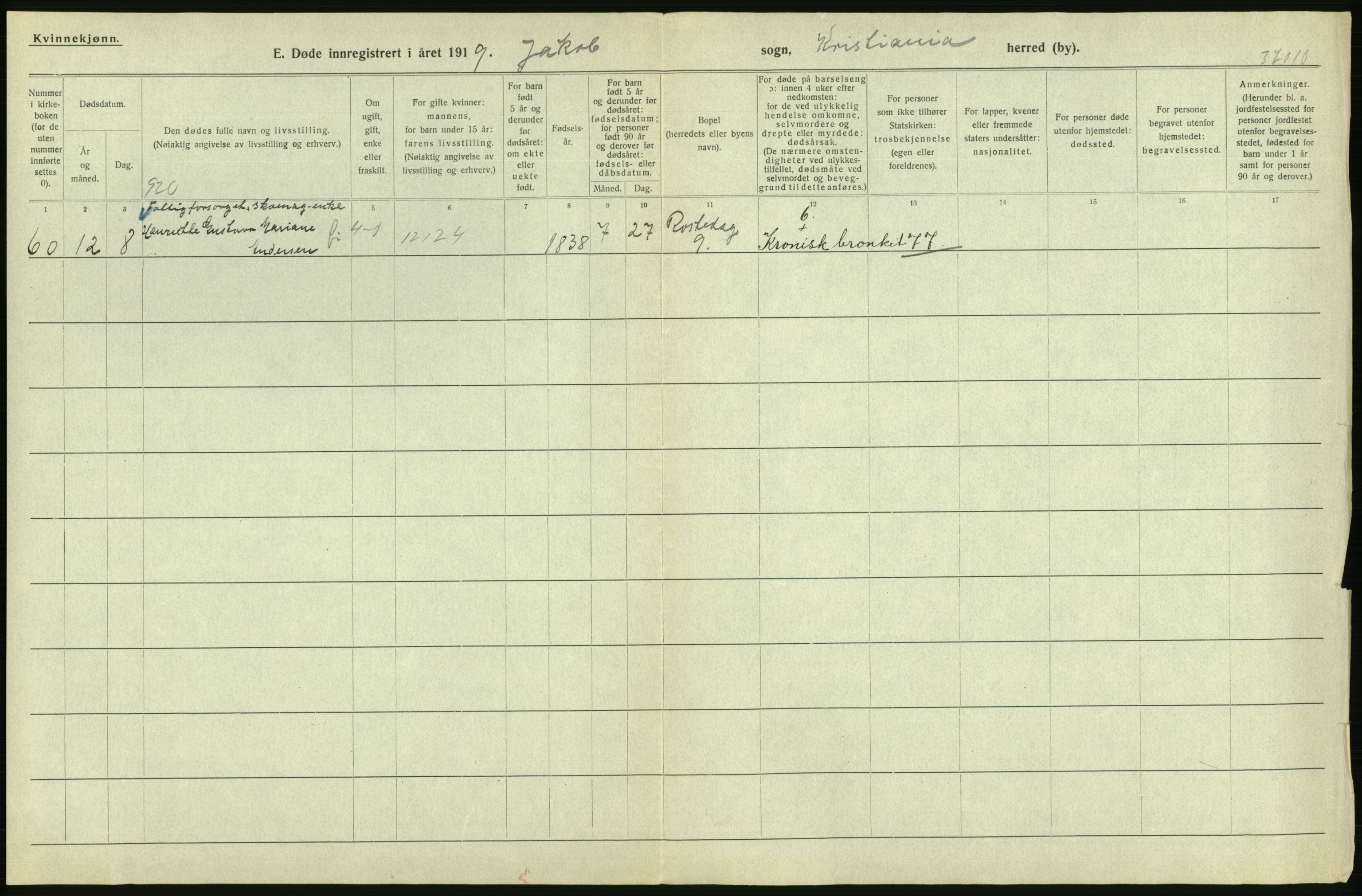 Statistisk sentralbyrå, Sosiodemografiske emner, Befolkning, AV/RA-S-2228/D/Df/Dfb/Dfbi/L0011: Kristiania: Døde, dødfødte, 1919