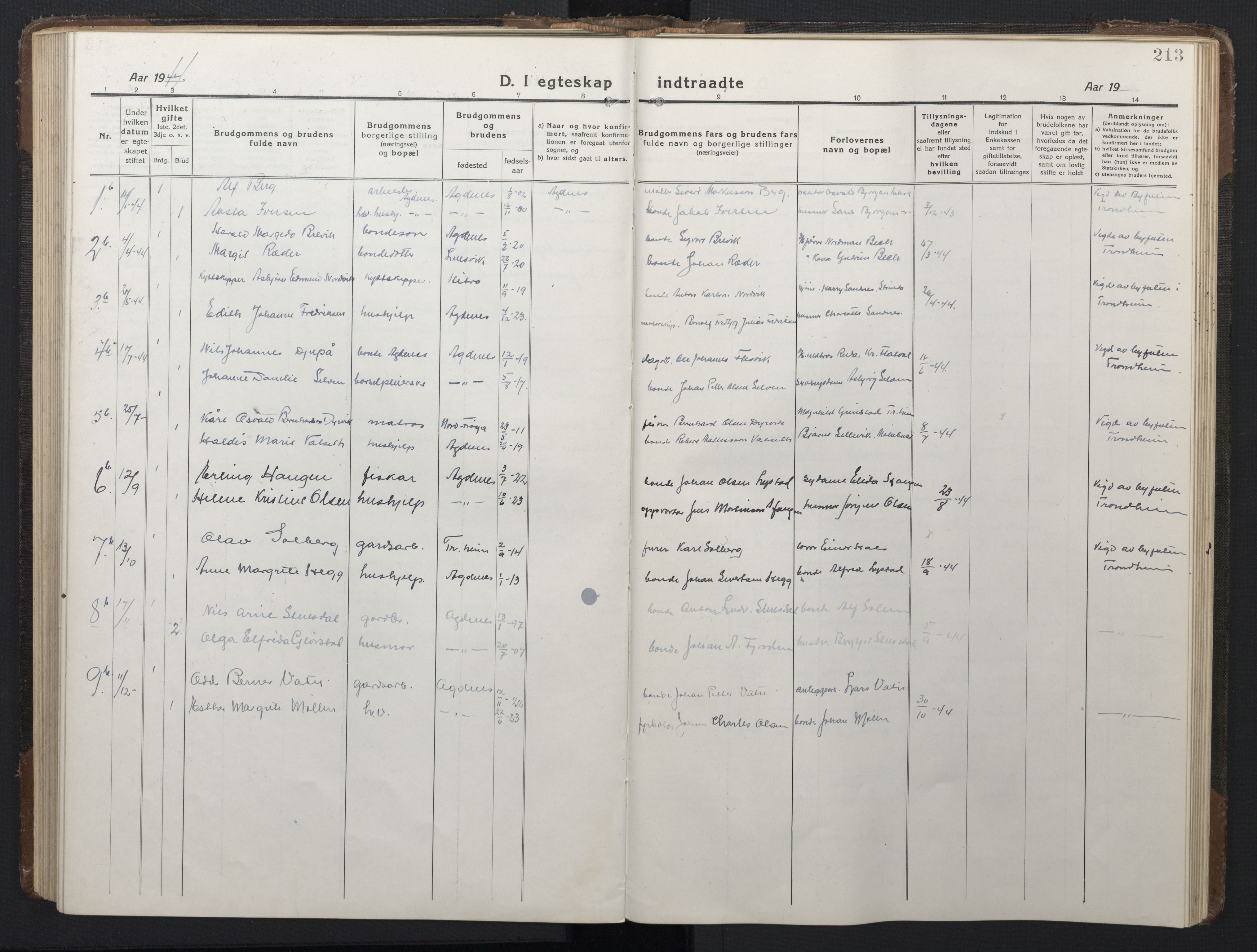 Ministerialprotokoller, klokkerbøker og fødselsregistre - Sør-Trøndelag, SAT/A-1456/662/L0758: Parish register (copy) no. 662C03, 1918-1948, p. 213