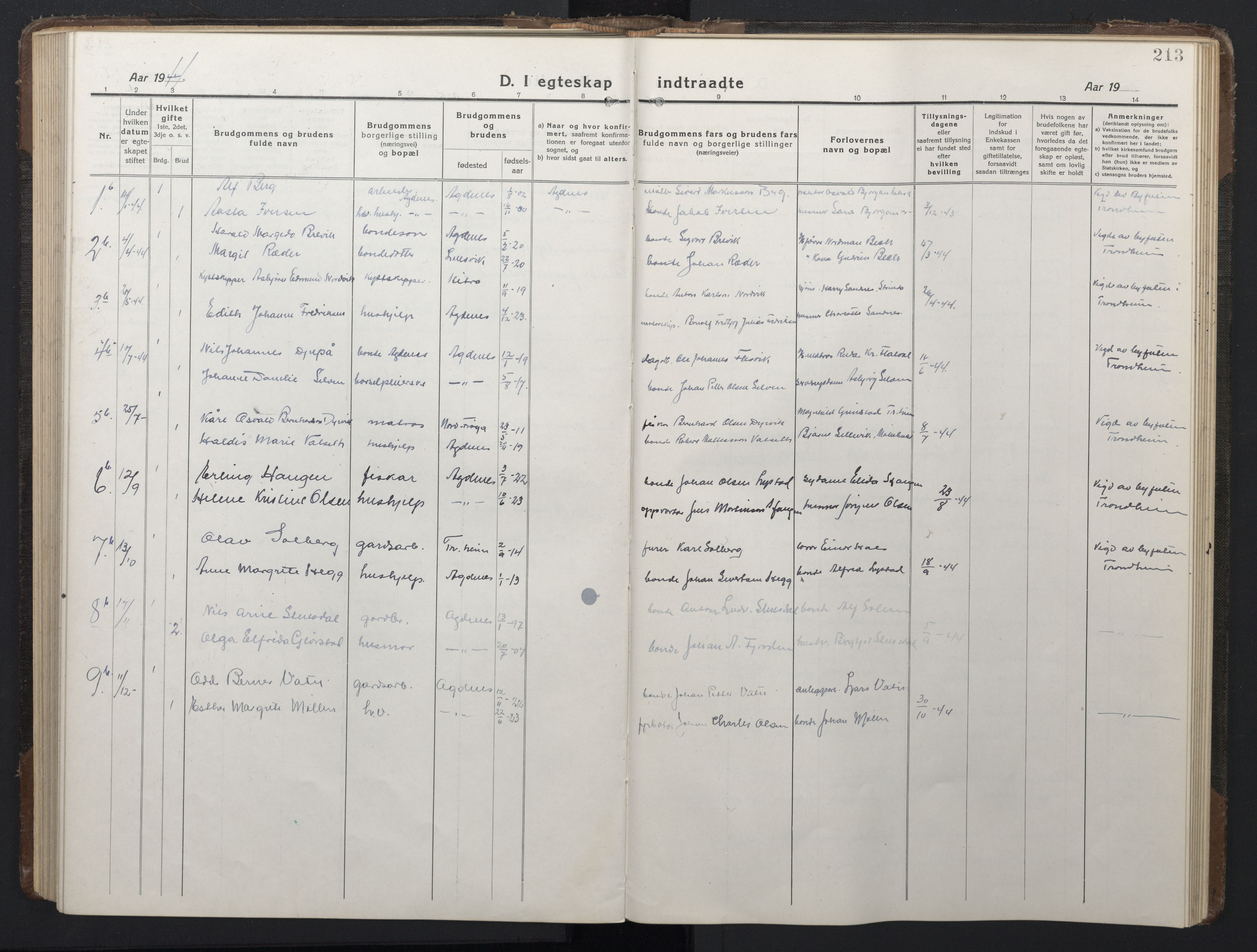 Ministerialprotokoller, klokkerbøker og fødselsregistre - Sør-Trøndelag, AV/SAT-A-1456/662/L0758: Parish register (copy) no. 662C03, 1918-1948, p. 213