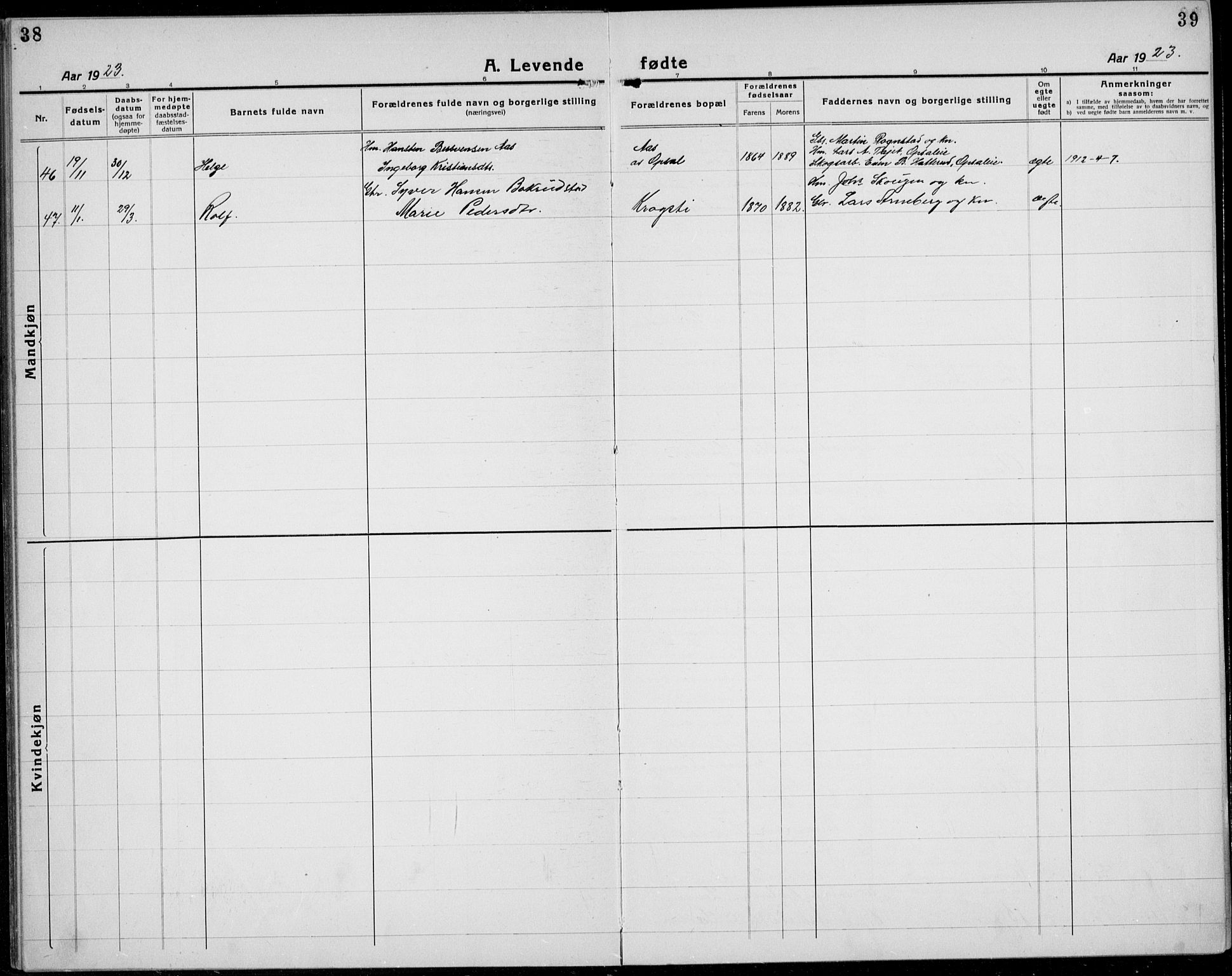 Veldre prestekontor, AV/SAH-PREST-018/L/La/L0001: Parish register (copy) no. 1, 1921-1934, p. 38-39