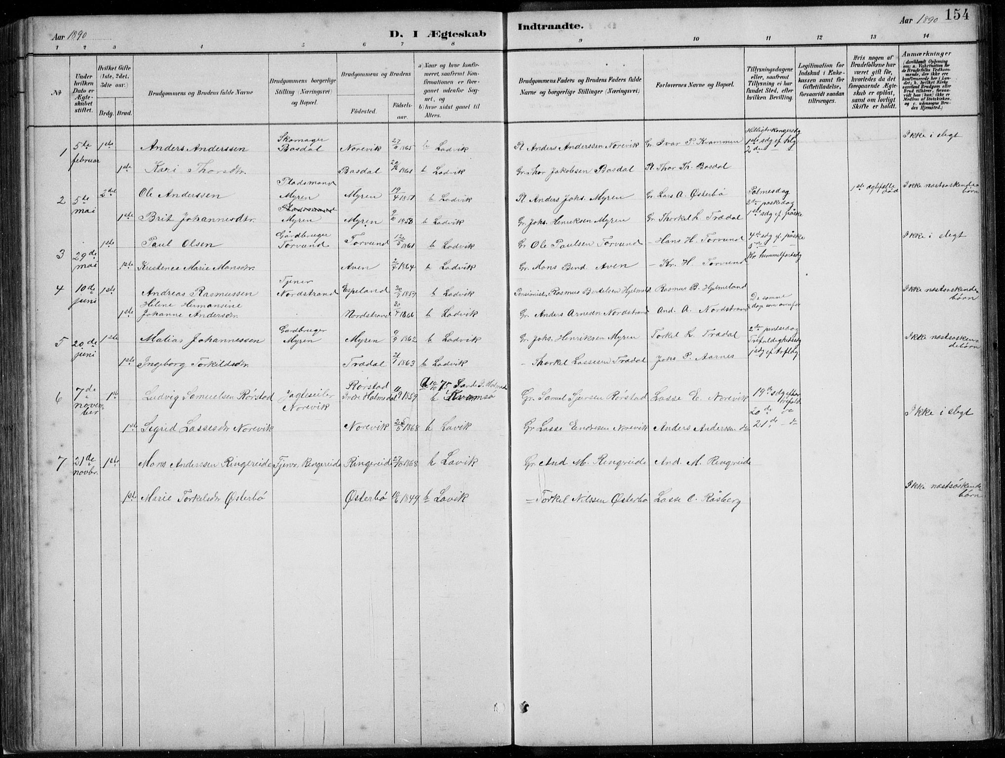 Lavik sokneprestembete, SAB/A-80901: Parish register (copy) no. A 2, 1882-1910, p. 154