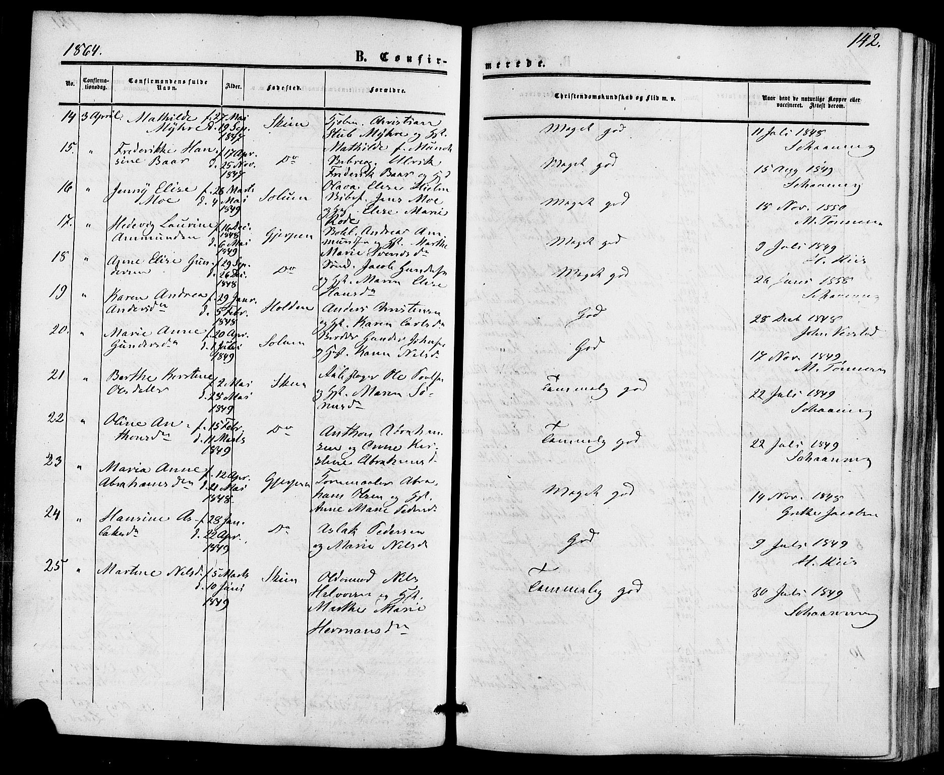 Skien kirkebøker, AV/SAKO-A-302/F/Fa/L0007: Parish register (official) no. 7, 1856-1865, p. 142