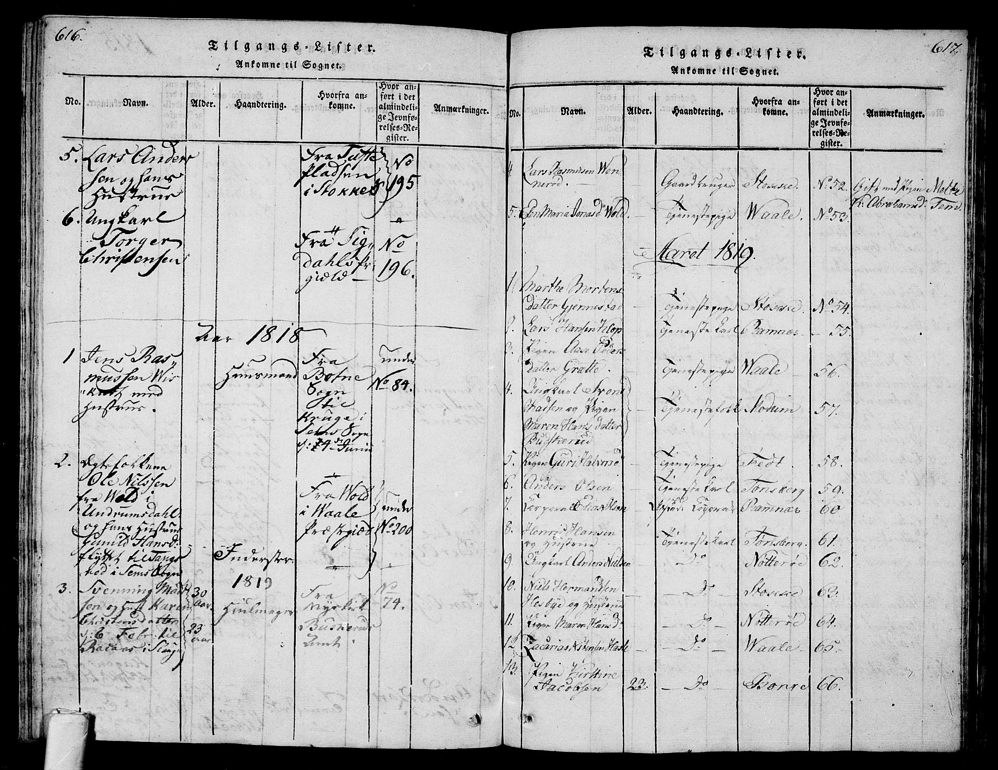 Sem kirkebøker, AV/SAKO-A-5/G/Ga/L0001: Parish register (copy) no. I 1, 1814-1825, p. 616-617