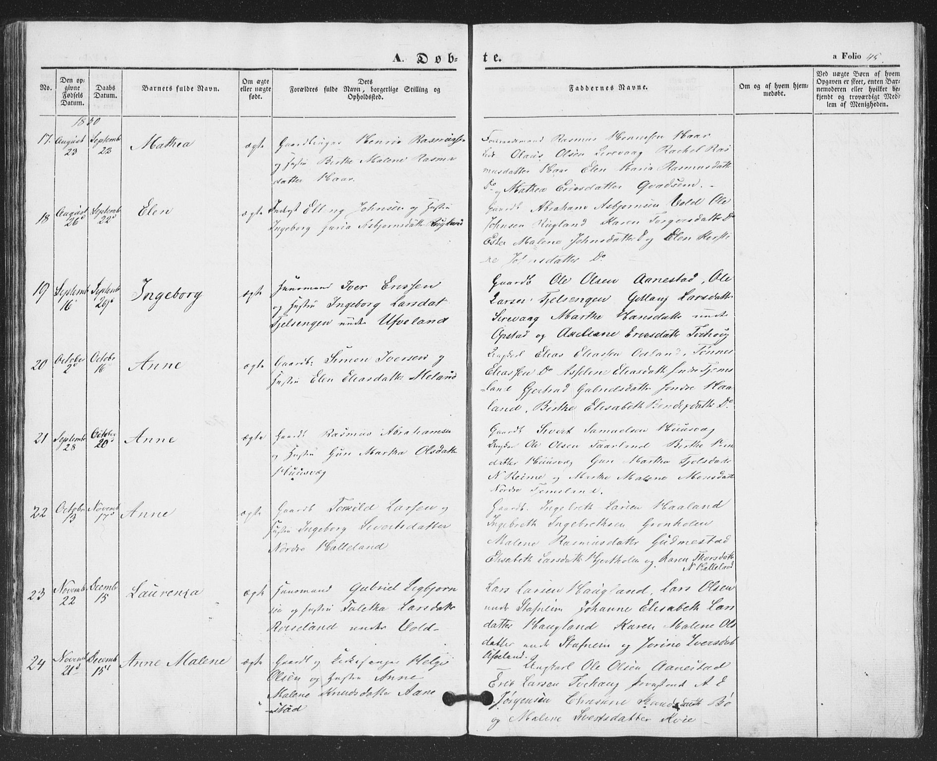 Hå sokneprestkontor, AV/SAST-A-101801/001/30BA/L0007: Parish register (official) no. A 6, 1842-1855, p. 45