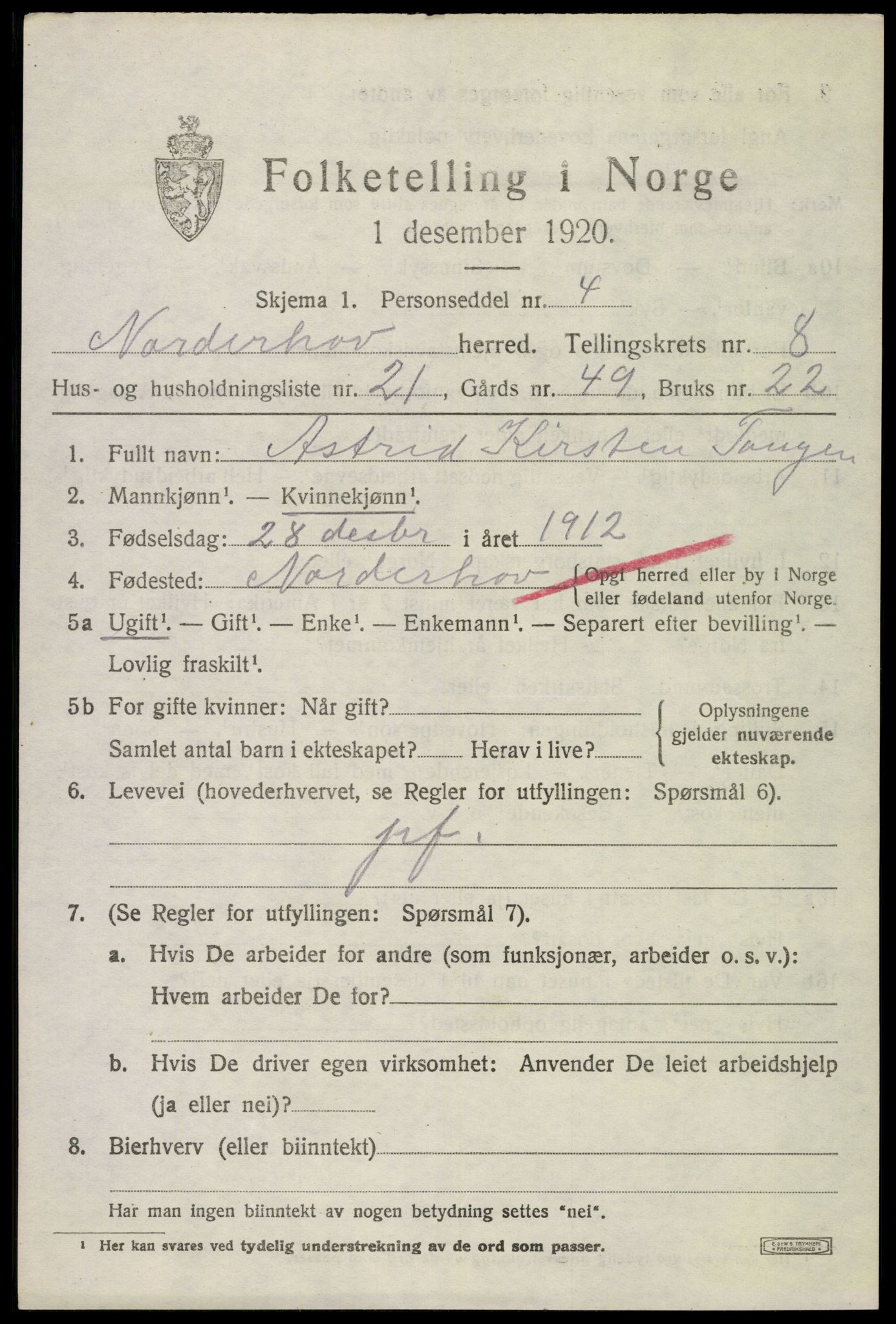 SAKO, 1920 census for Norderhov, 1920, p. 10617