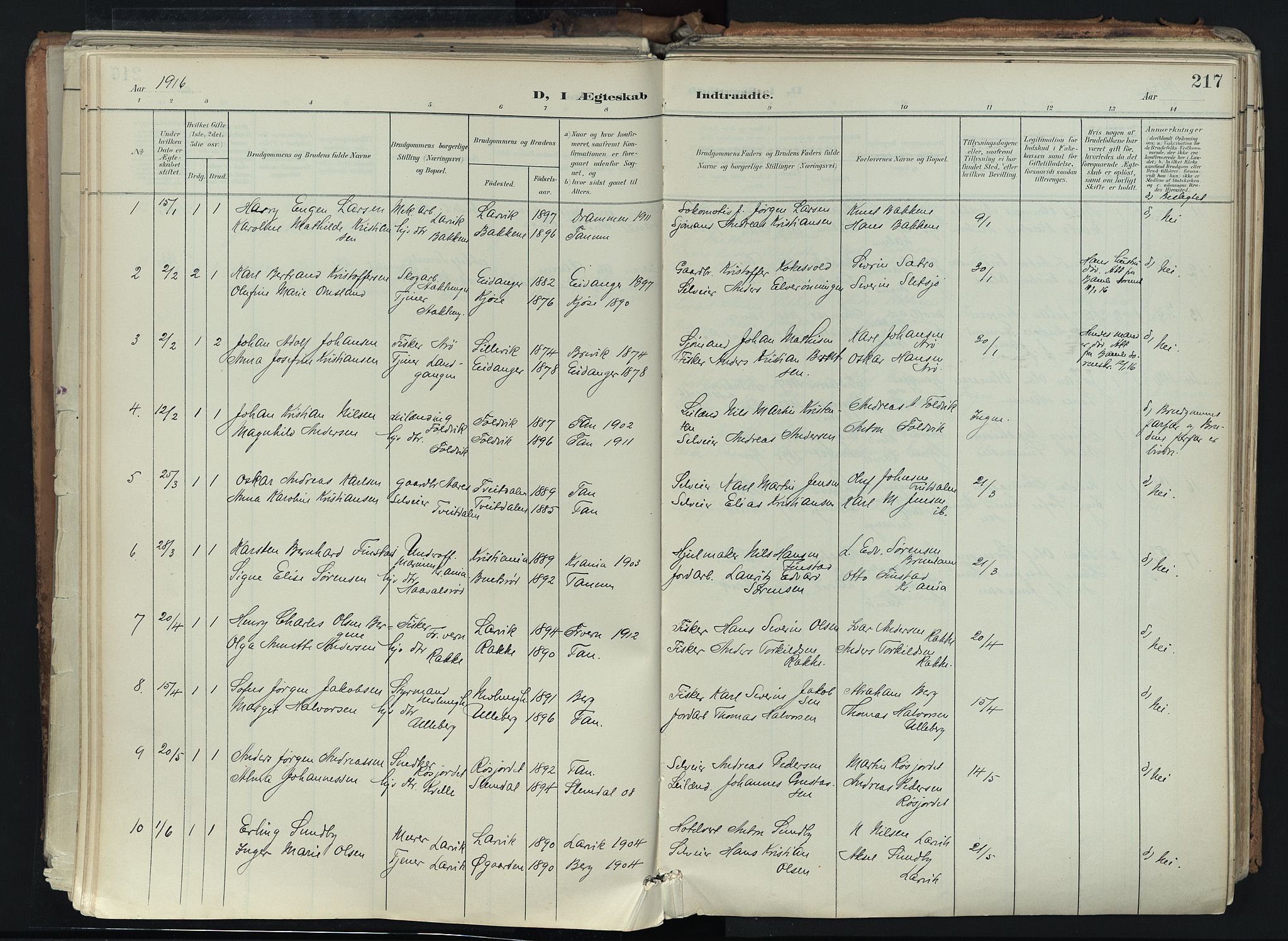 Brunlanes kirkebøker, AV/SAKO-A-342/F/Fc/L0003: Parish register (official) no. III 3, 1900-1922, p. 217