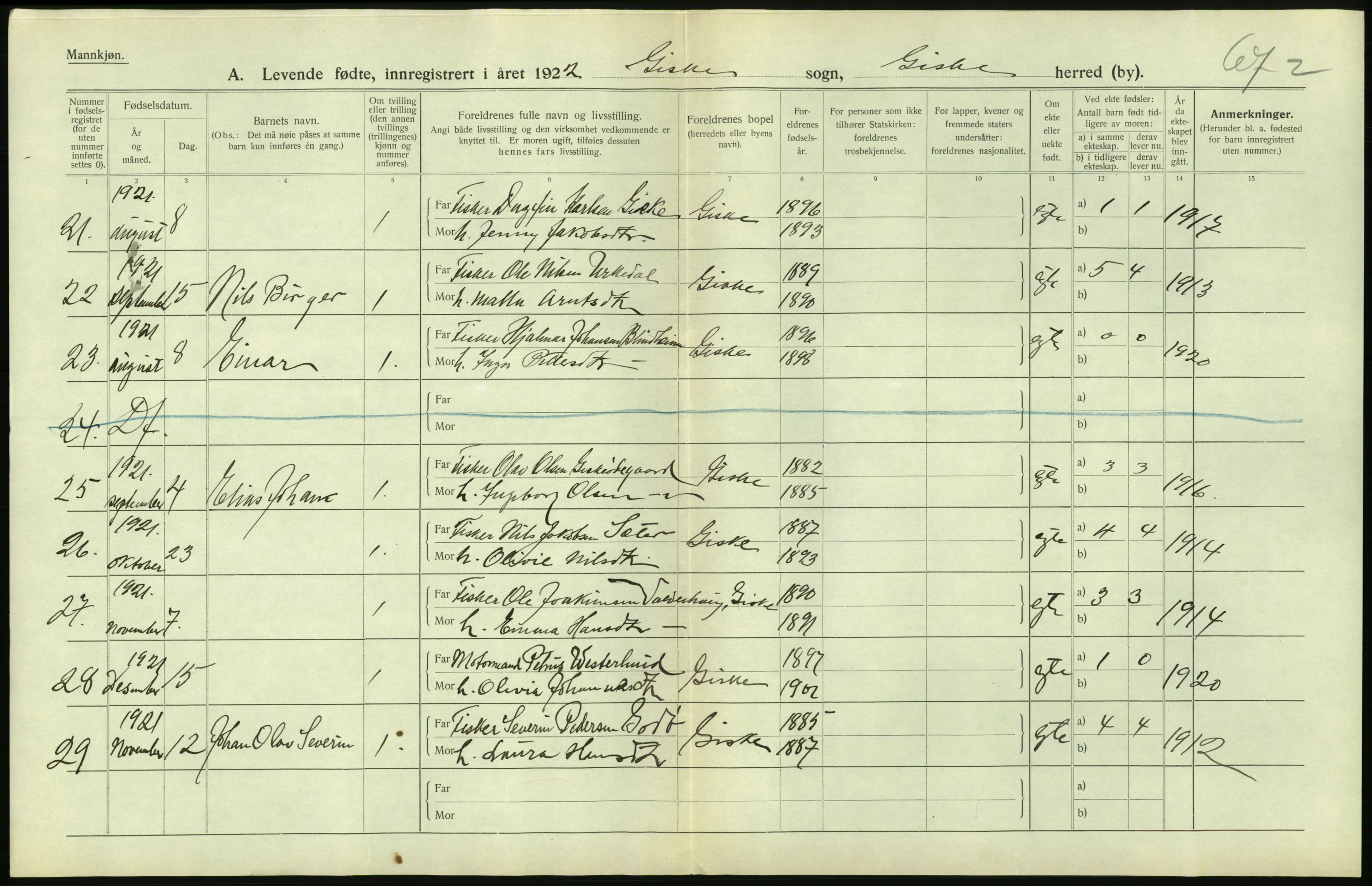 Statistisk sentralbyrå, Sosiodemografiske emner, Befolkning, AV/RA-S-2228/D/Df/Dfc/Dfca/L0040: Møre fylke: Levendefødte menn og kvinner. Bygder., 1921, p. 148