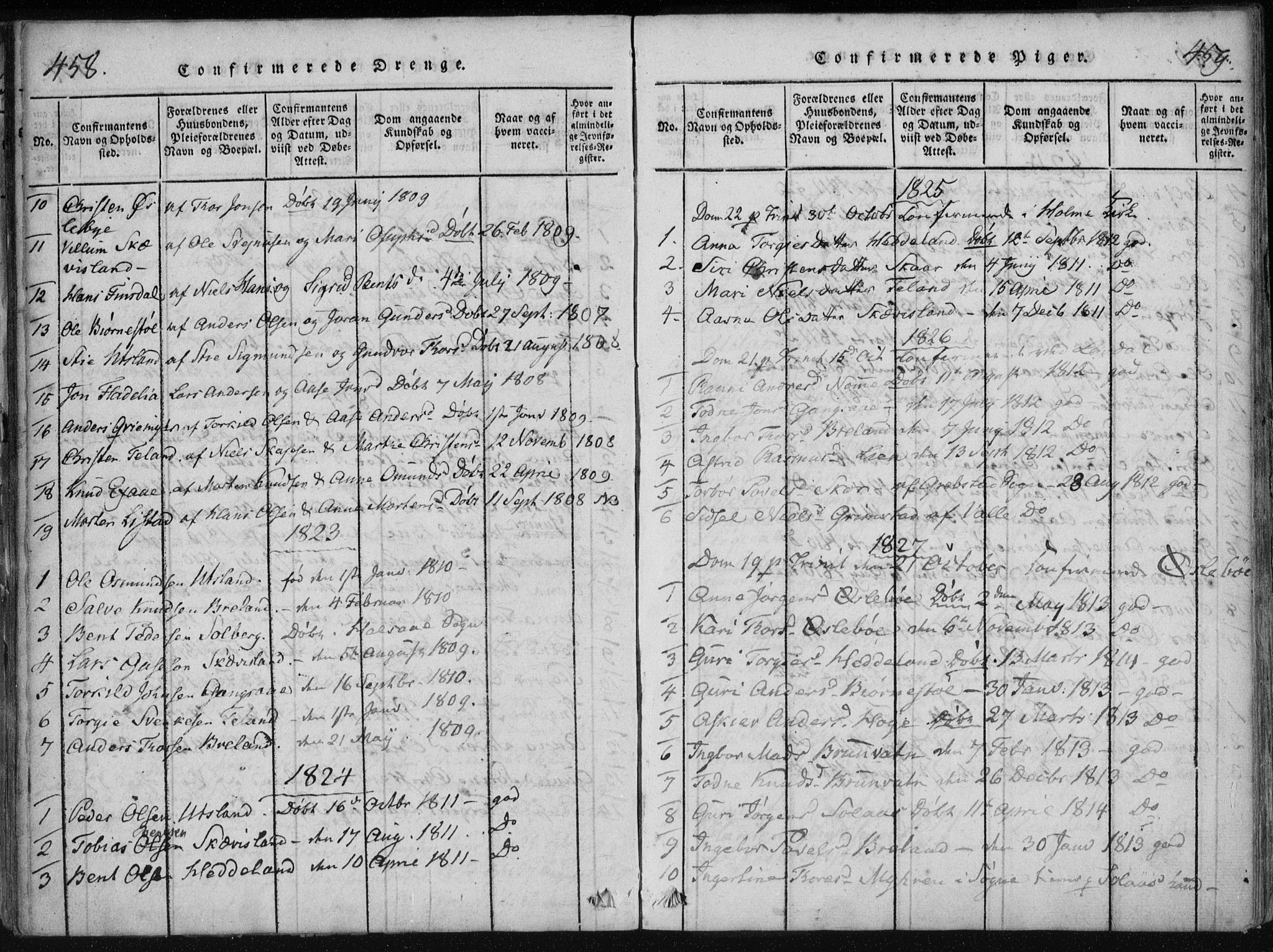 Holum sokneprestkontor, AV/SAK-1111-0022/F/Fa/Fac/L0002: Parish register (official) no. A 2, 1821-1859, p. 458-459