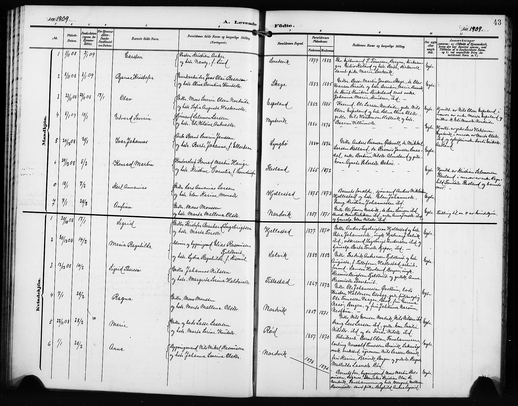 Fana Sokneprestembete, AV/SAB-A-75101/H/Hab/Haba/L0004: Parish register (copy) no. A 4, 1902-1912, p. 43