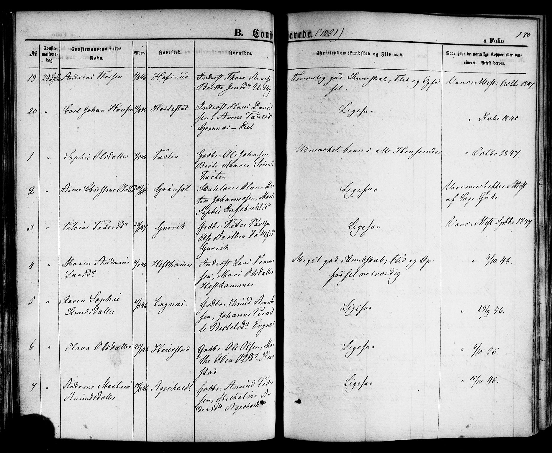 Hof kirkebøker, AV/SAKO-A-64/F/Fa/L0006: Parish register (official) no. I 6, 1851-1877, p. 280