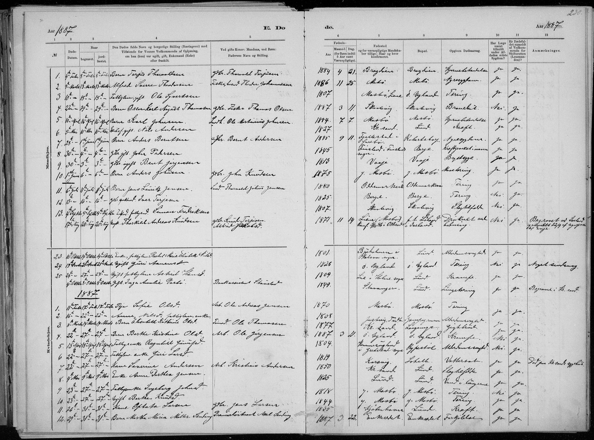 Oddernes sokneprestkontor, SAK/1111-0033/F/Fa/Faa/L0009: Parish register (official) no. A 9, 1884-1896, p. 230