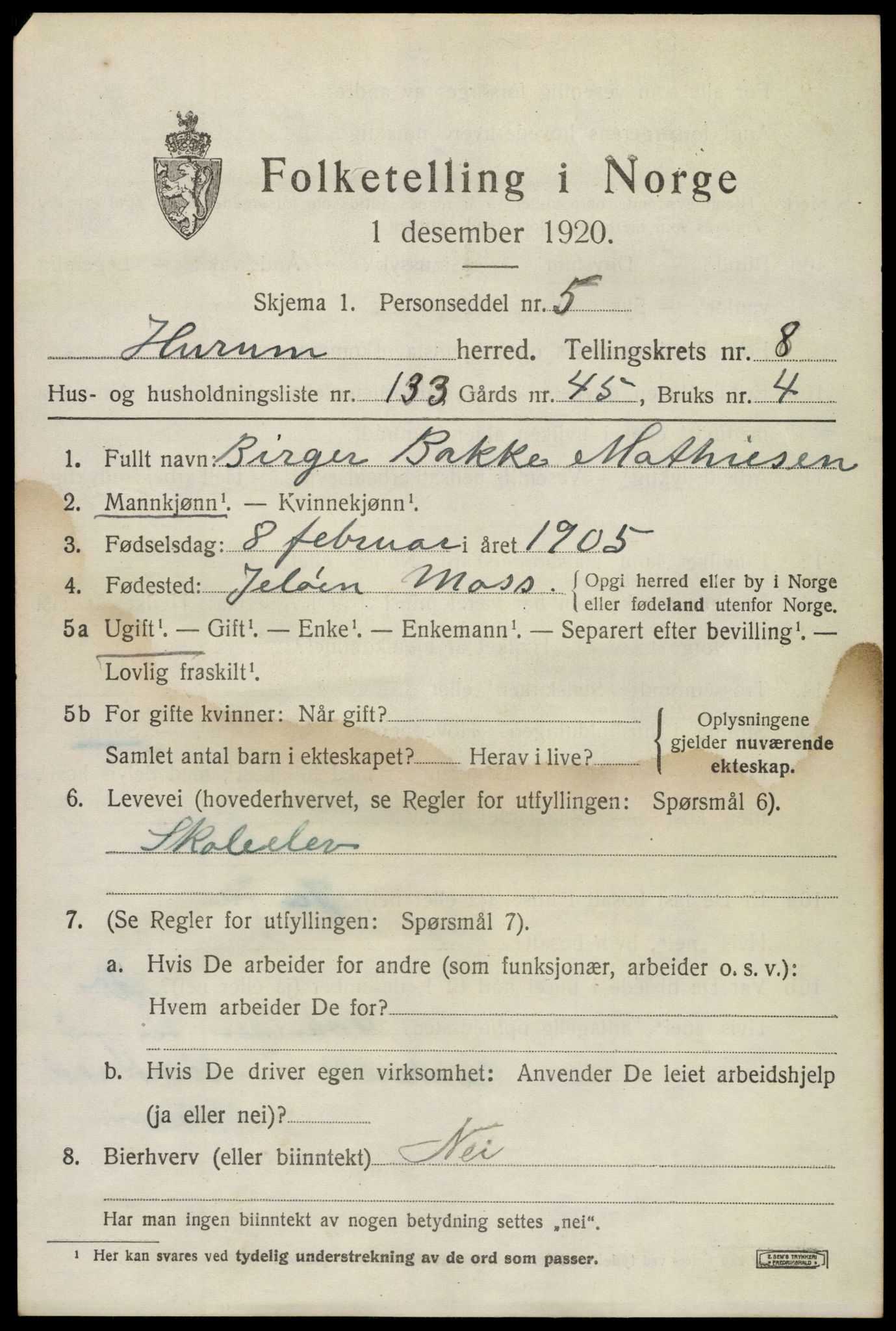 SAKO, 1920 census for Hurum, 1920, p. 11854