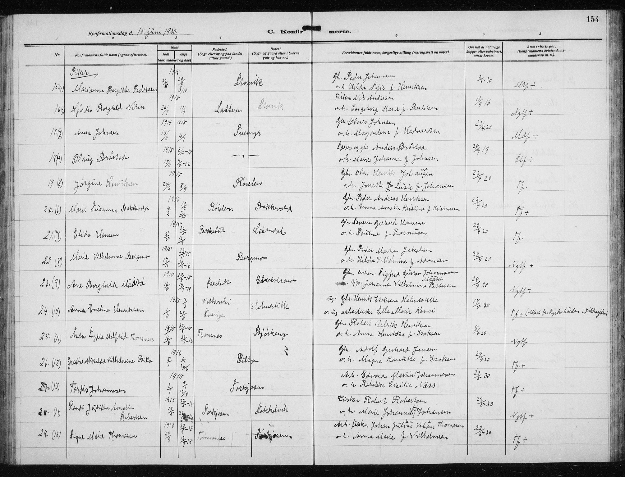 Skjervøy sokneprestkontor, AV/SATØ-S-1300/H/Ha/Hab/L0023klokker: Parish register (copy) no. 23, 1927-1943, p. 154