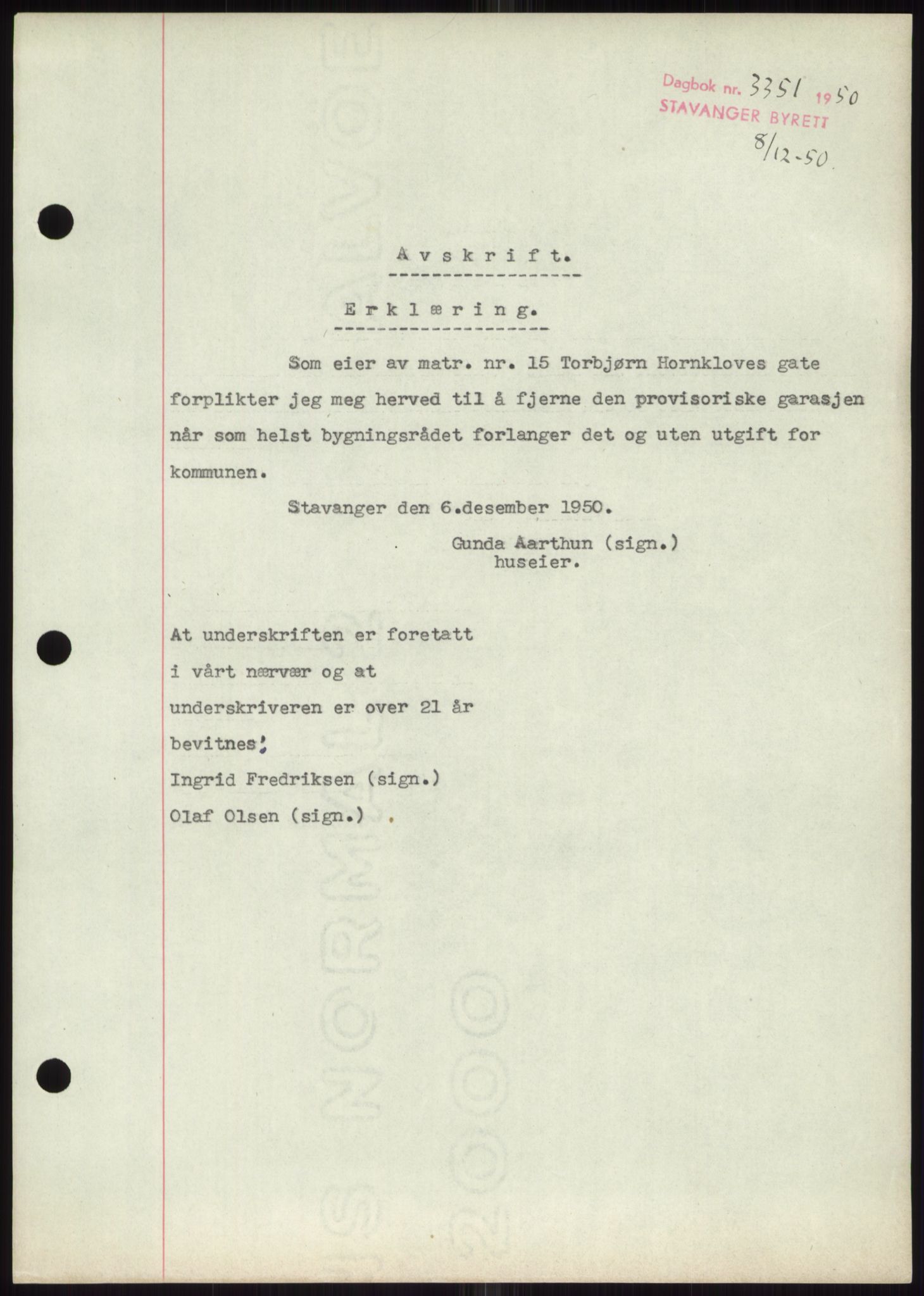 Stavanger byrett, SAST/A-100455/002/G/Gb/L0032: Mortgage book, 1947-1950, Diary no: : 3351/1950