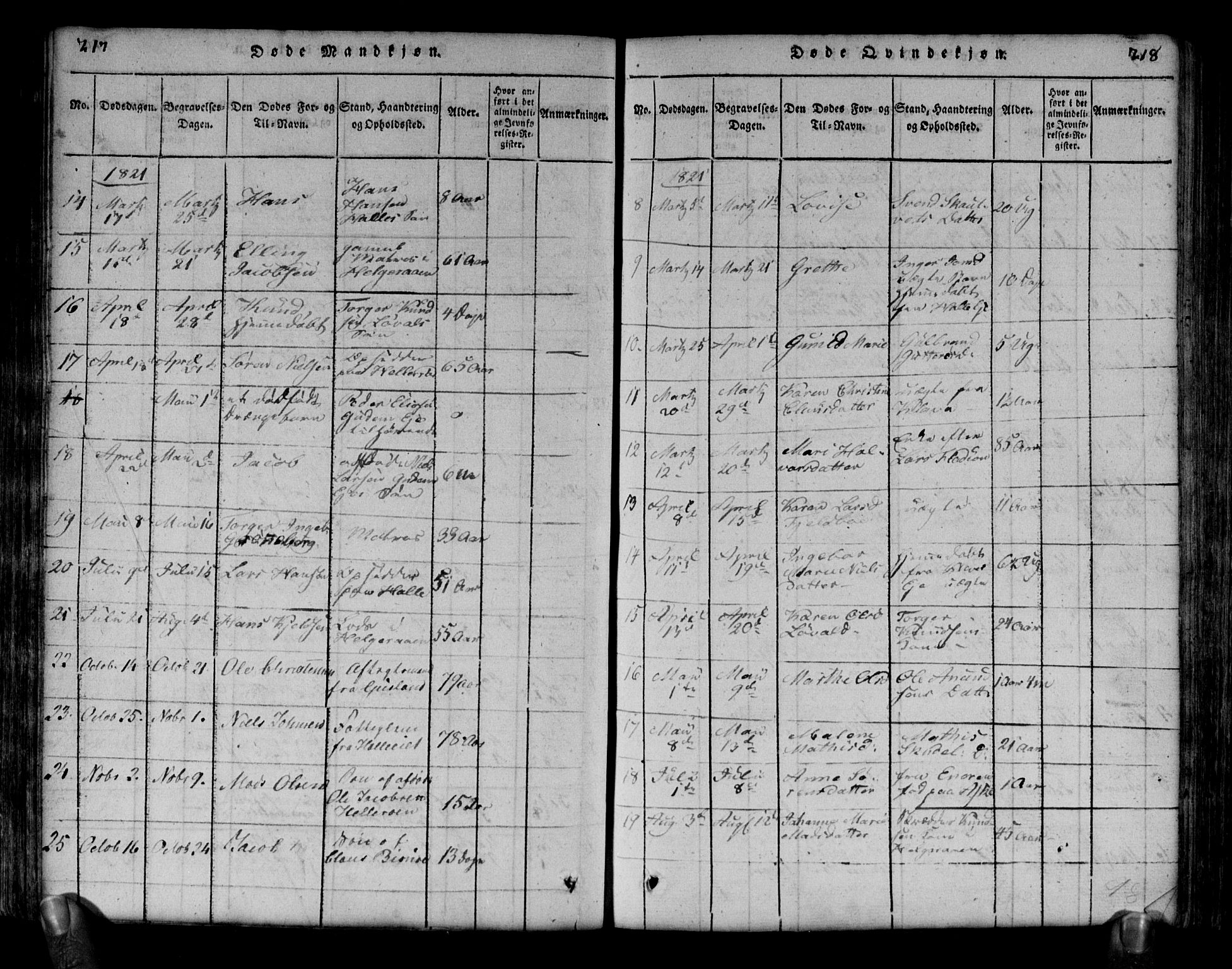 Brunlanes kirkebøker, AV/SAKO-A-342/G/Ga/L0001: Parish register (copy) no. I 1, 1814-1834, p. 217-218