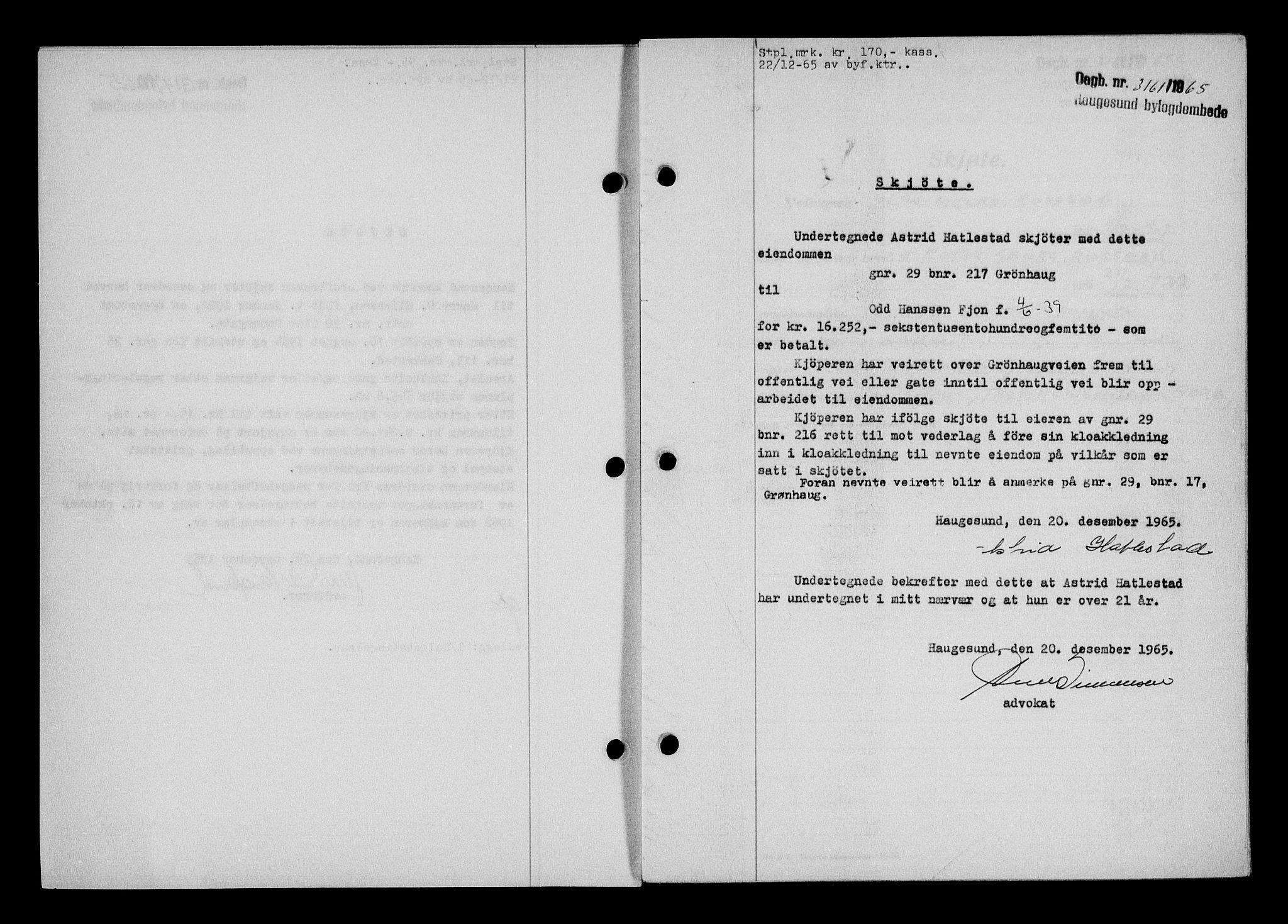 Haugesund tingrett, AV/SAST-A-101415/01/II/IIC/L0076: Mortgage book no. A 17, 1965-1966, Diary no: : 3161/1965