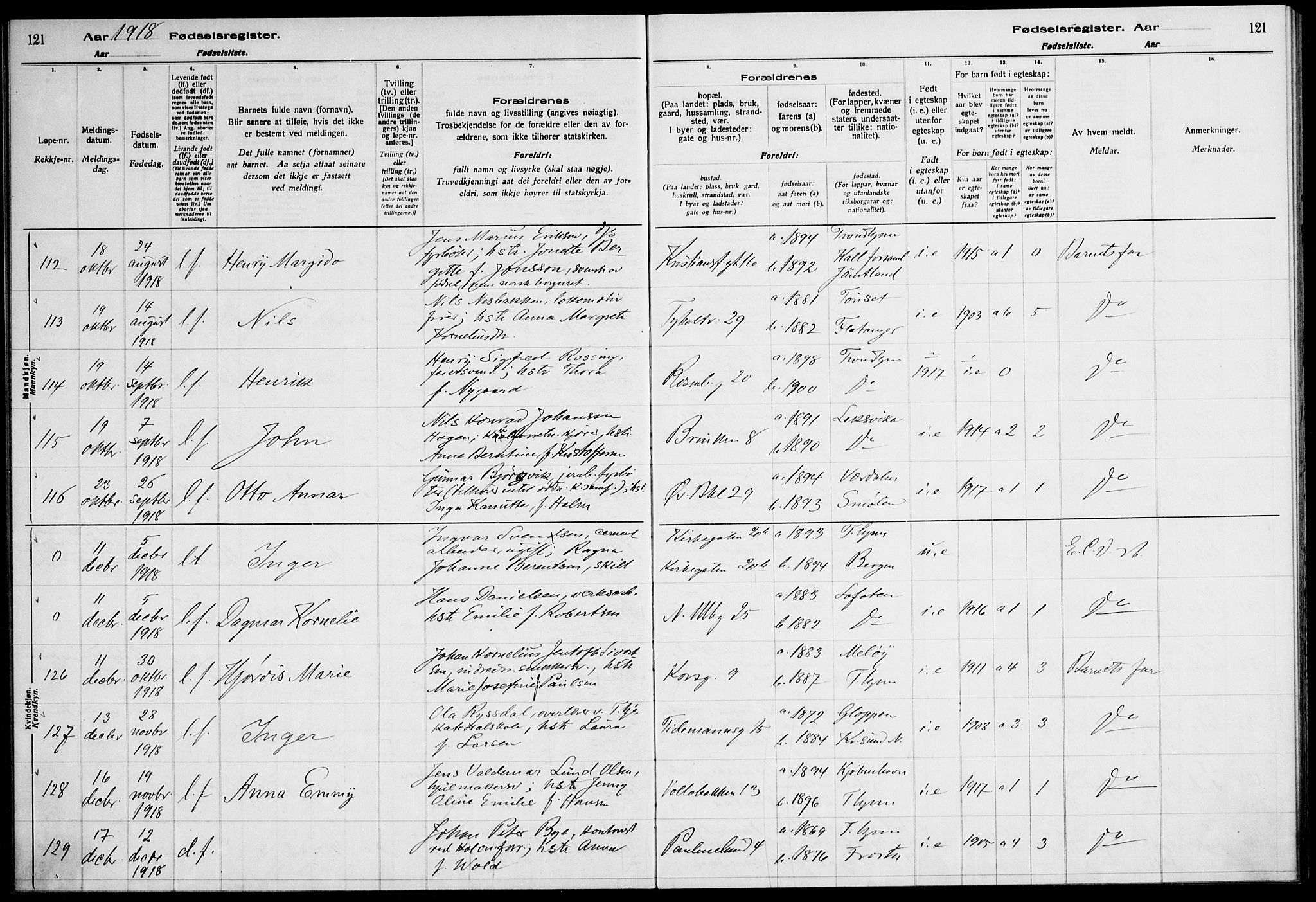 Ministerialprotokoller, klokkerbøker og fødselsregistre - Sør-Trøndelag, SAT/A-1456/604/L0232: Birth register no. 604.II.4.1, 1916-1920, p. 121