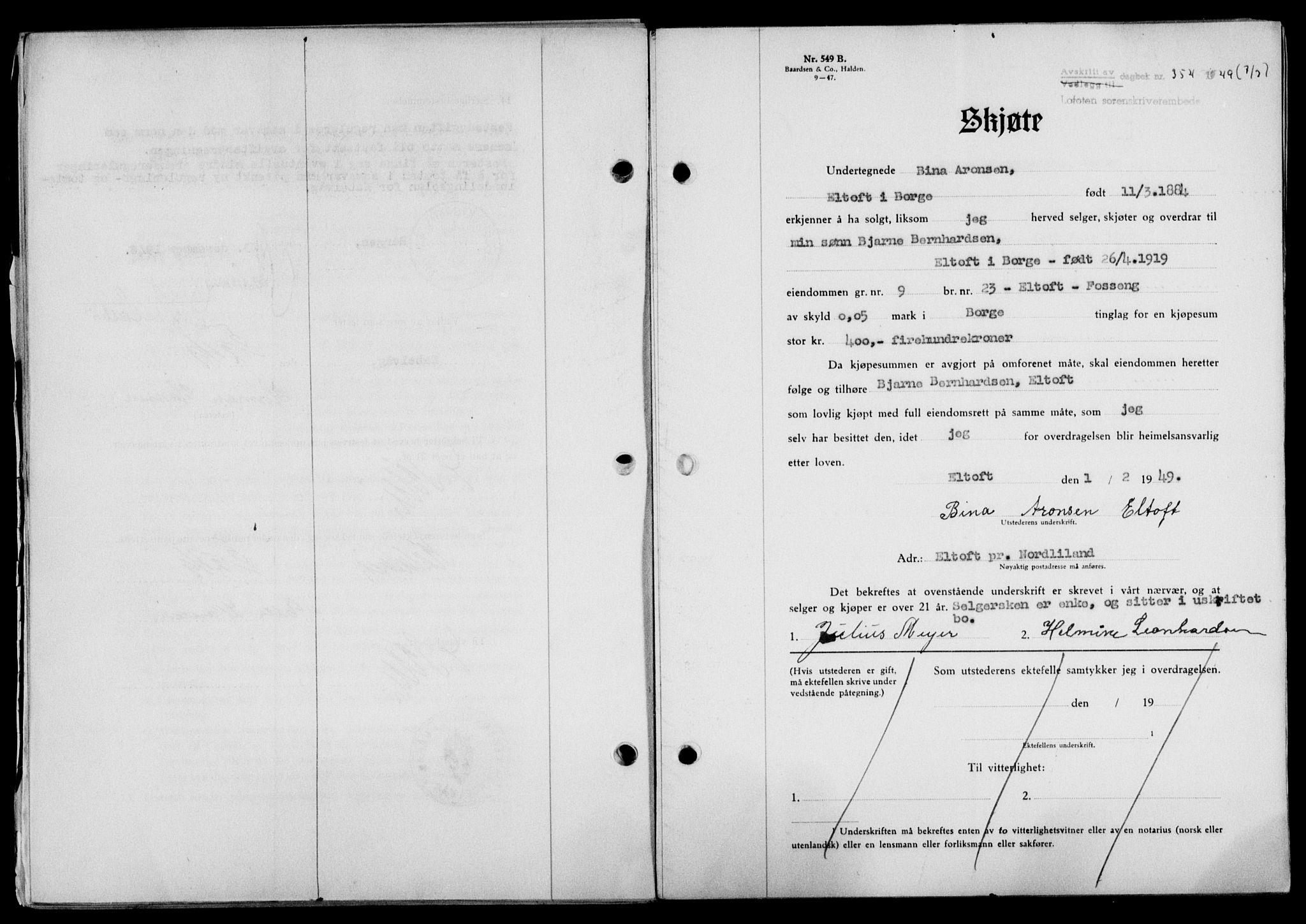 Lofoten sorenskriveri, SAT/A-0017/1/2/2C/L0020a: Mortgage book no. 20a, 1948-1949, Diary no: : 354/1949