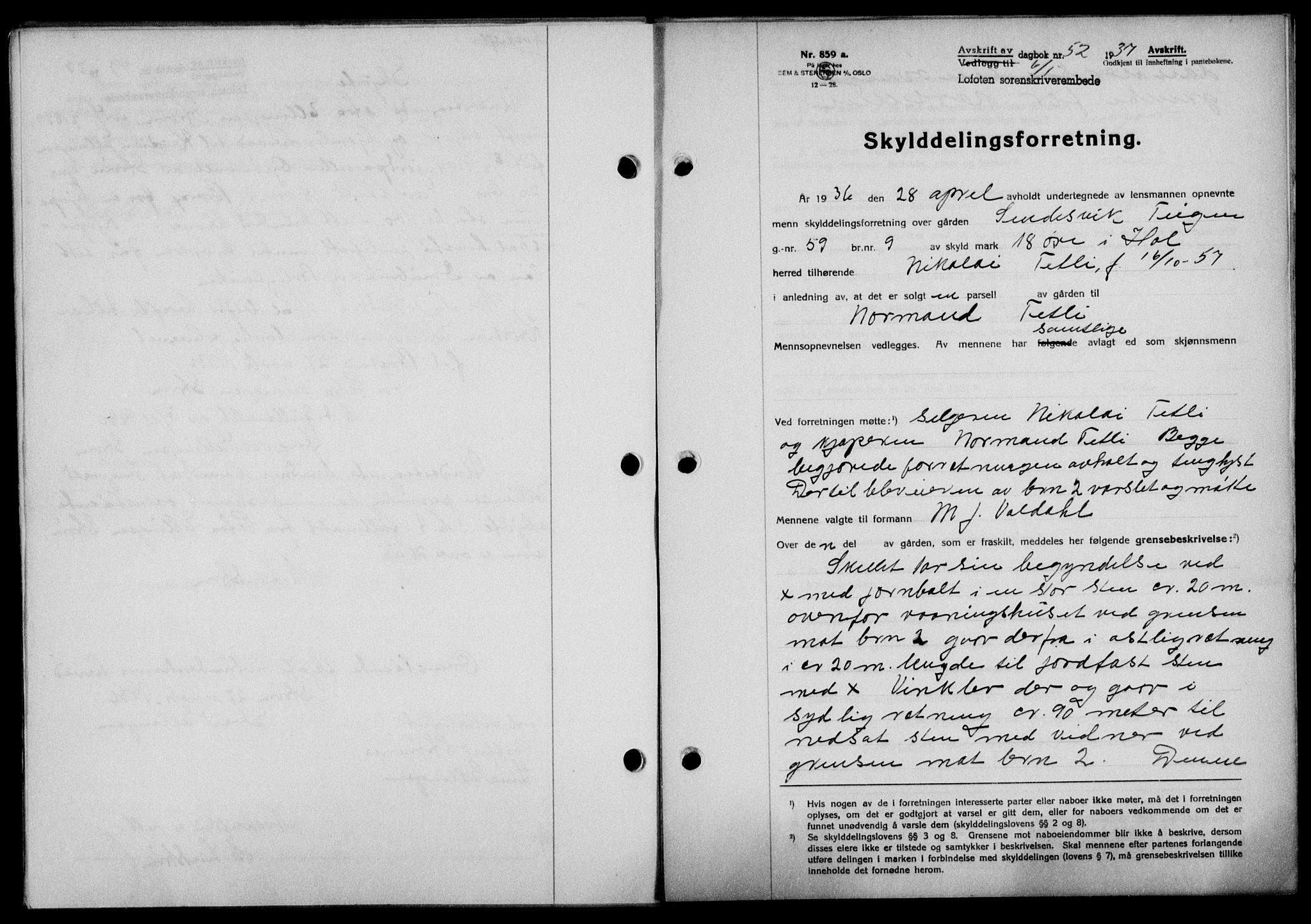 Lofoten sorenskriveri, SAT/A-0017/1/2/2C/L0001a: Mortgage book no. 1a, 1936-1937, Diary no: : 52/1937