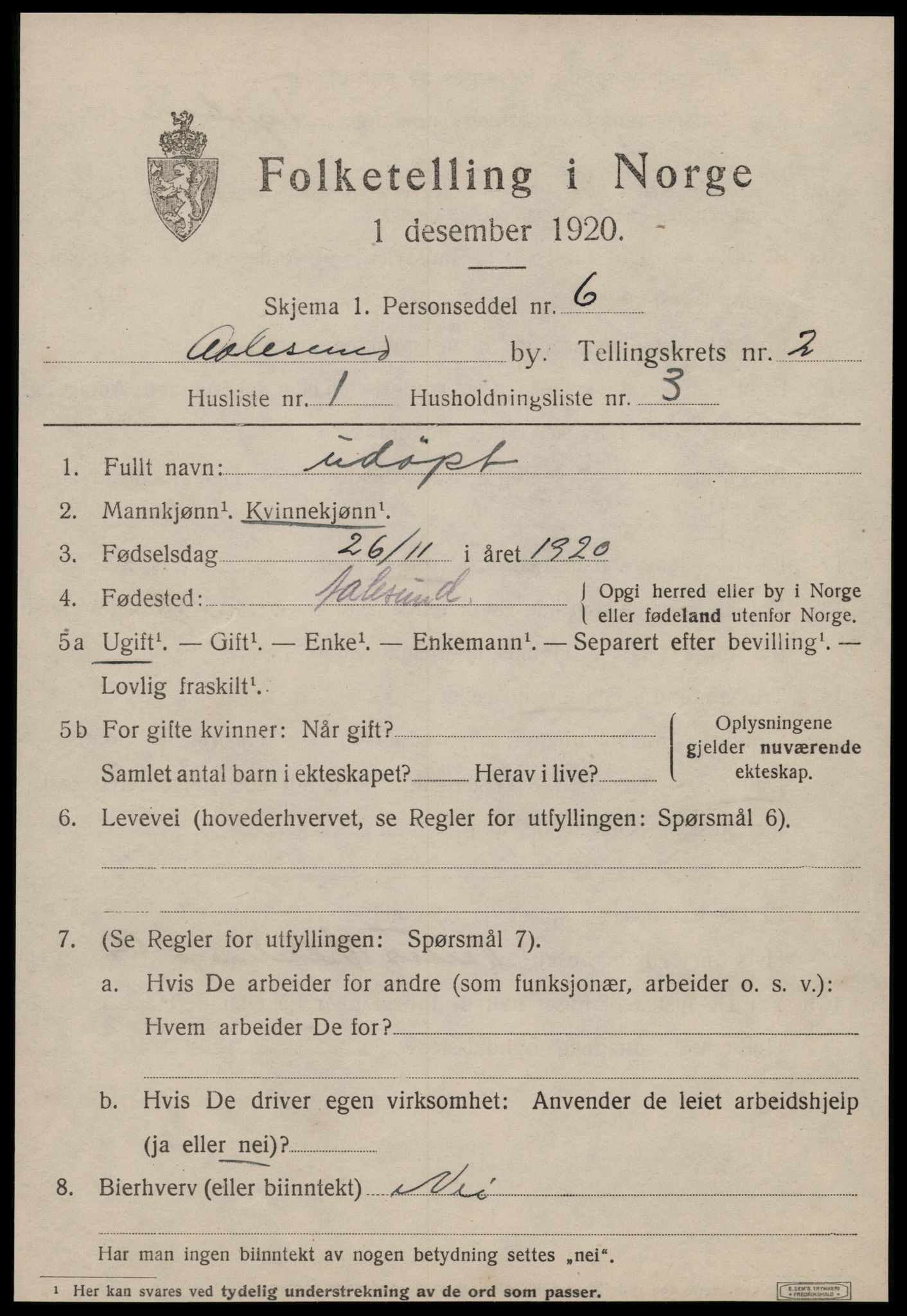 SAT, 1920 census for Ålesund, 1920, p. 10884