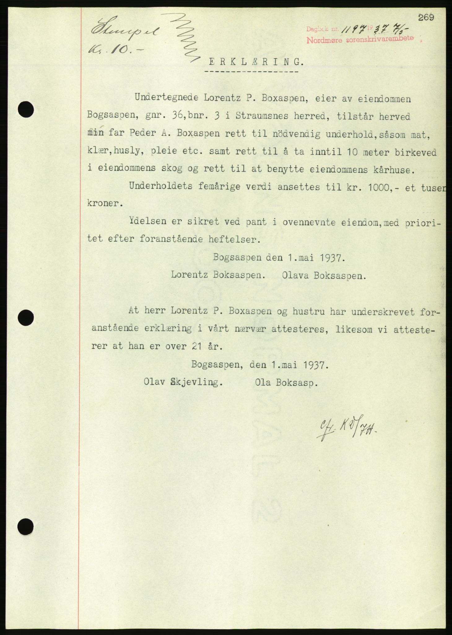 Nordmøre sorenskriveri, AV/SAT-A-4132/1/2/2Ca/L0091: Mortgage book no. B81, 1937-1937, Diary no: : 1197/1937