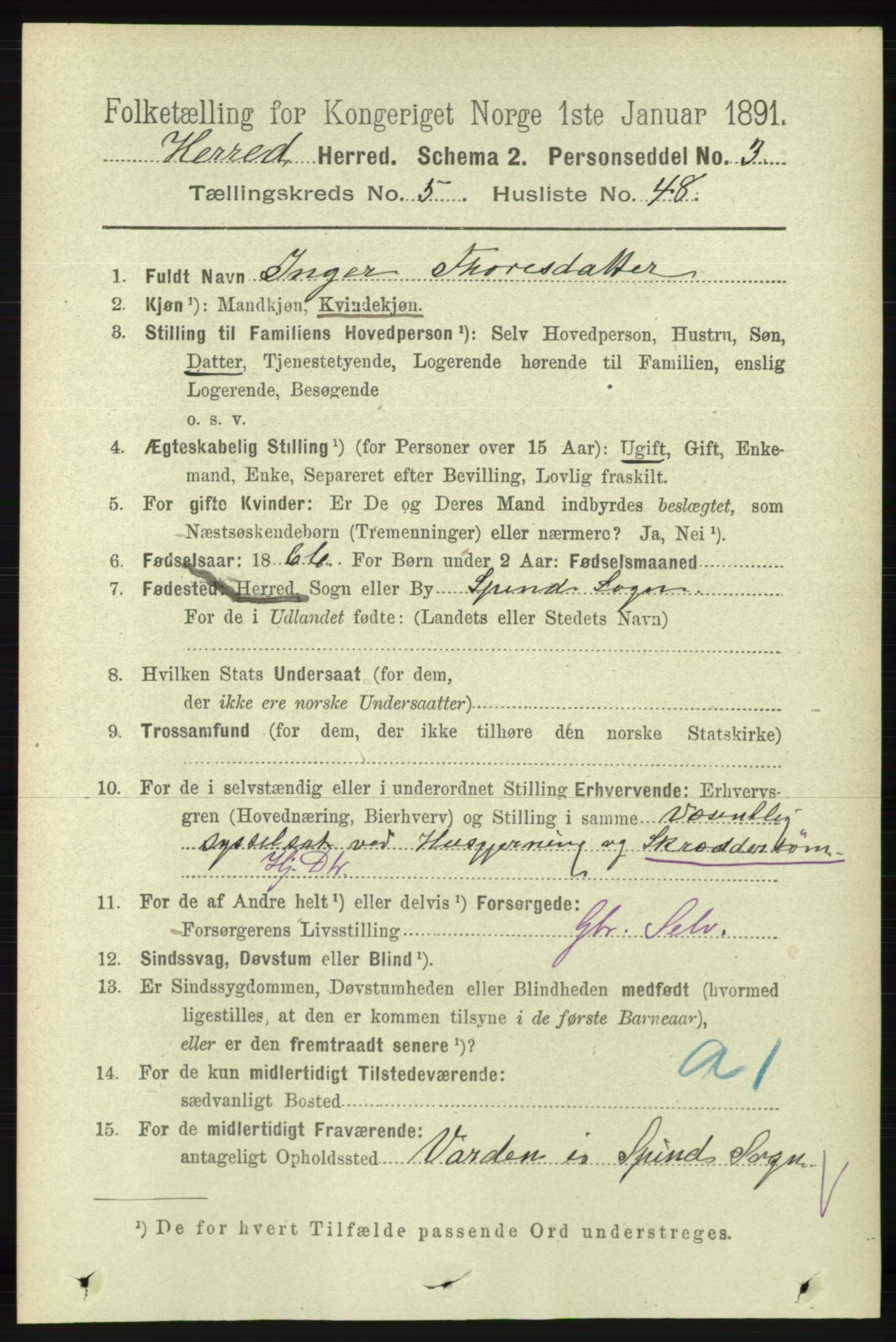 RA, 1891 census for 1039 Herad, 1891, p. 2073