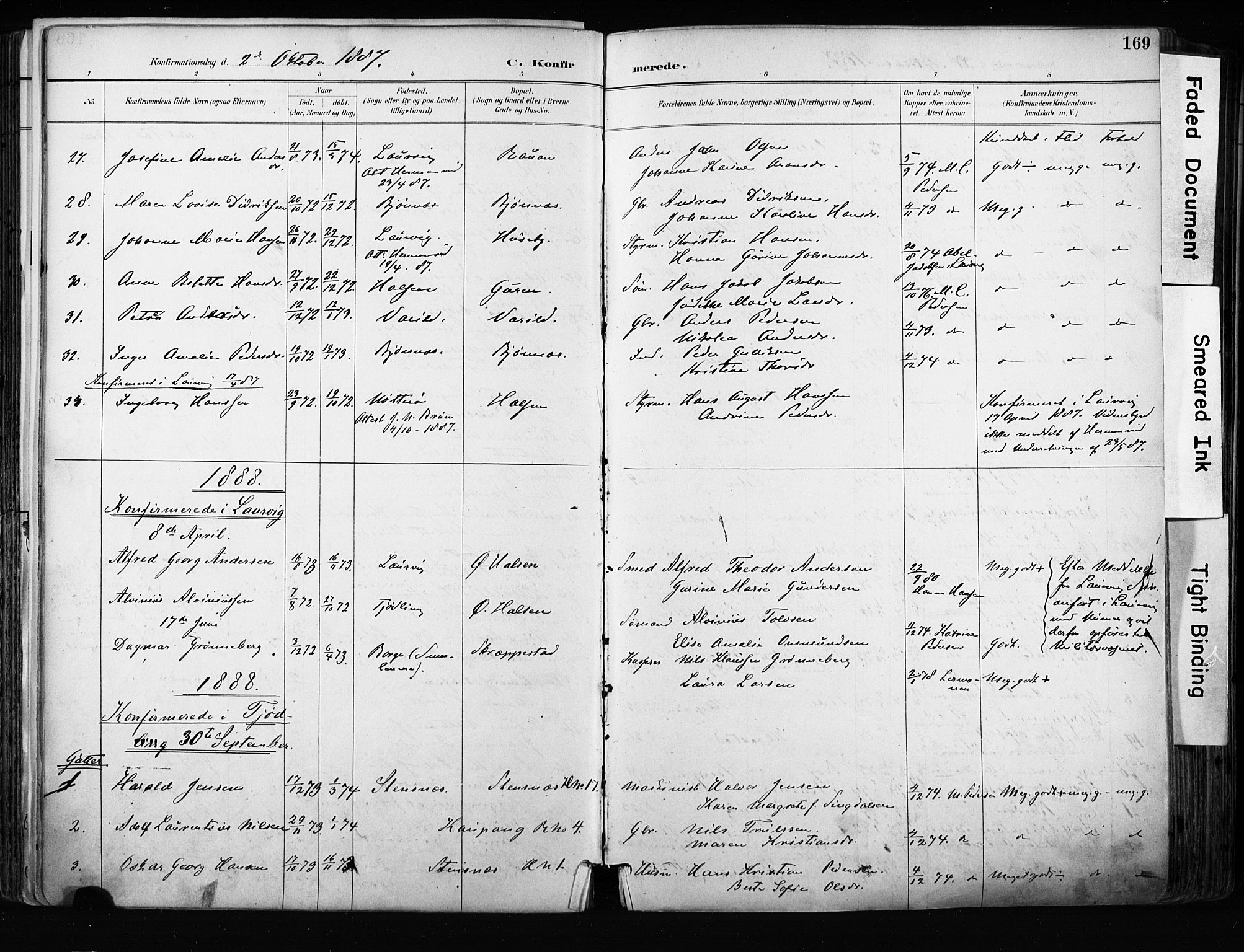 Tjølling kirkebøker, AV/SAKO-A-60/F/Fa/L0009: Parish register (official) no. 9, 1887-1905, p. 169