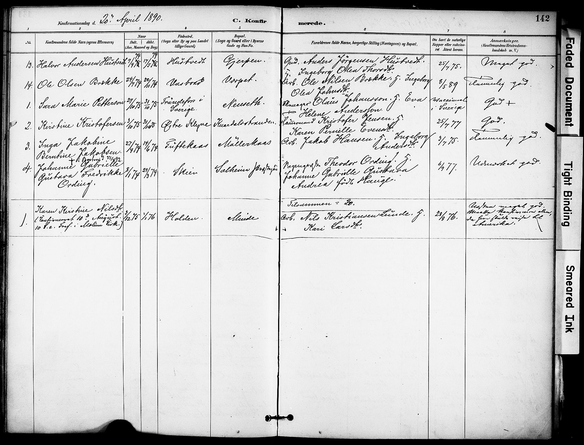 Solum kirkebøker, SAKO/A-306/F/Fa/L0010: Parish register (official) no. I 10, 1888-1898, p. 142