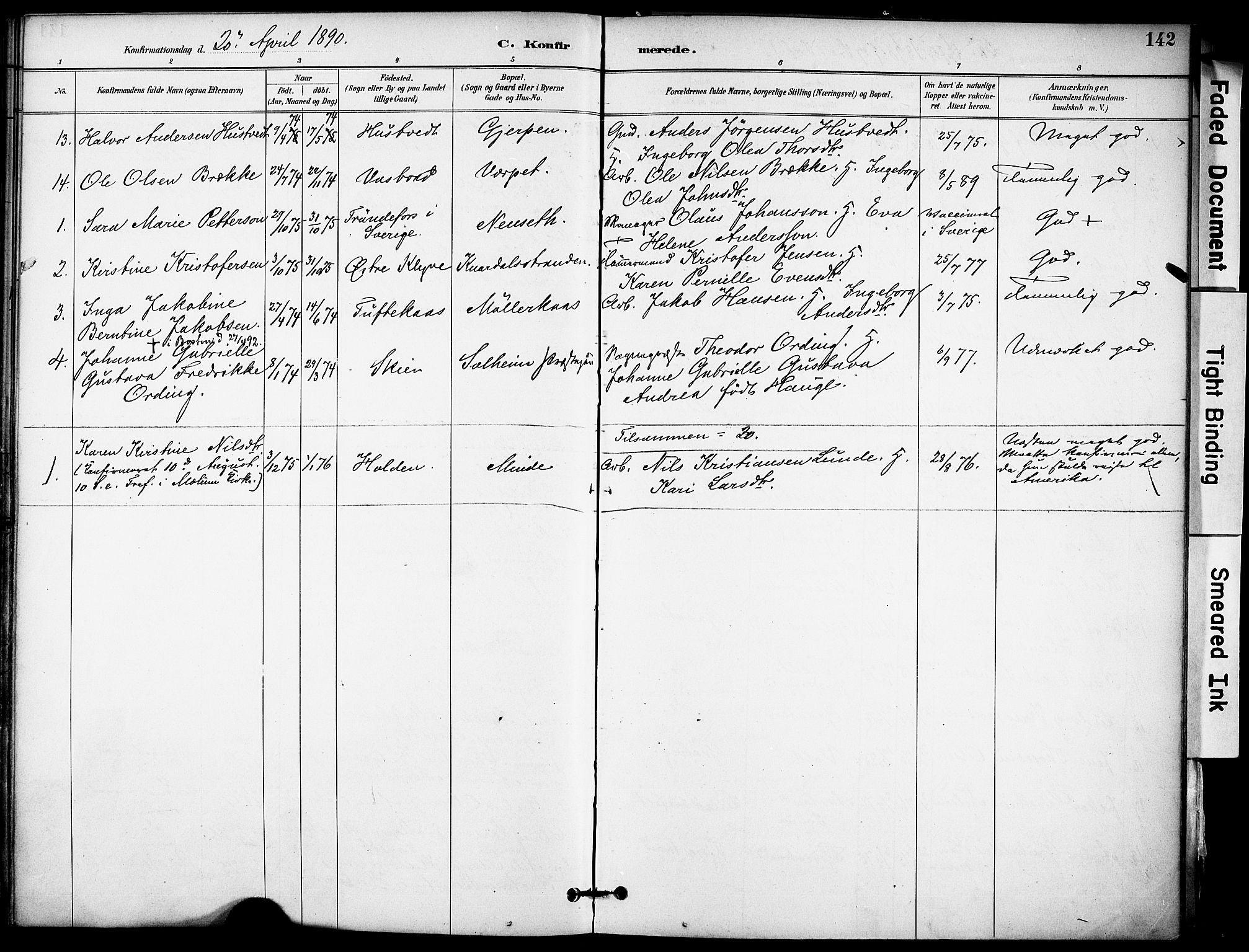 Solum kirkebøker, AV/SAKO-A-306/F/Fa/L0010: Parish register (official) no. I 10, 1888-1898, p. 142